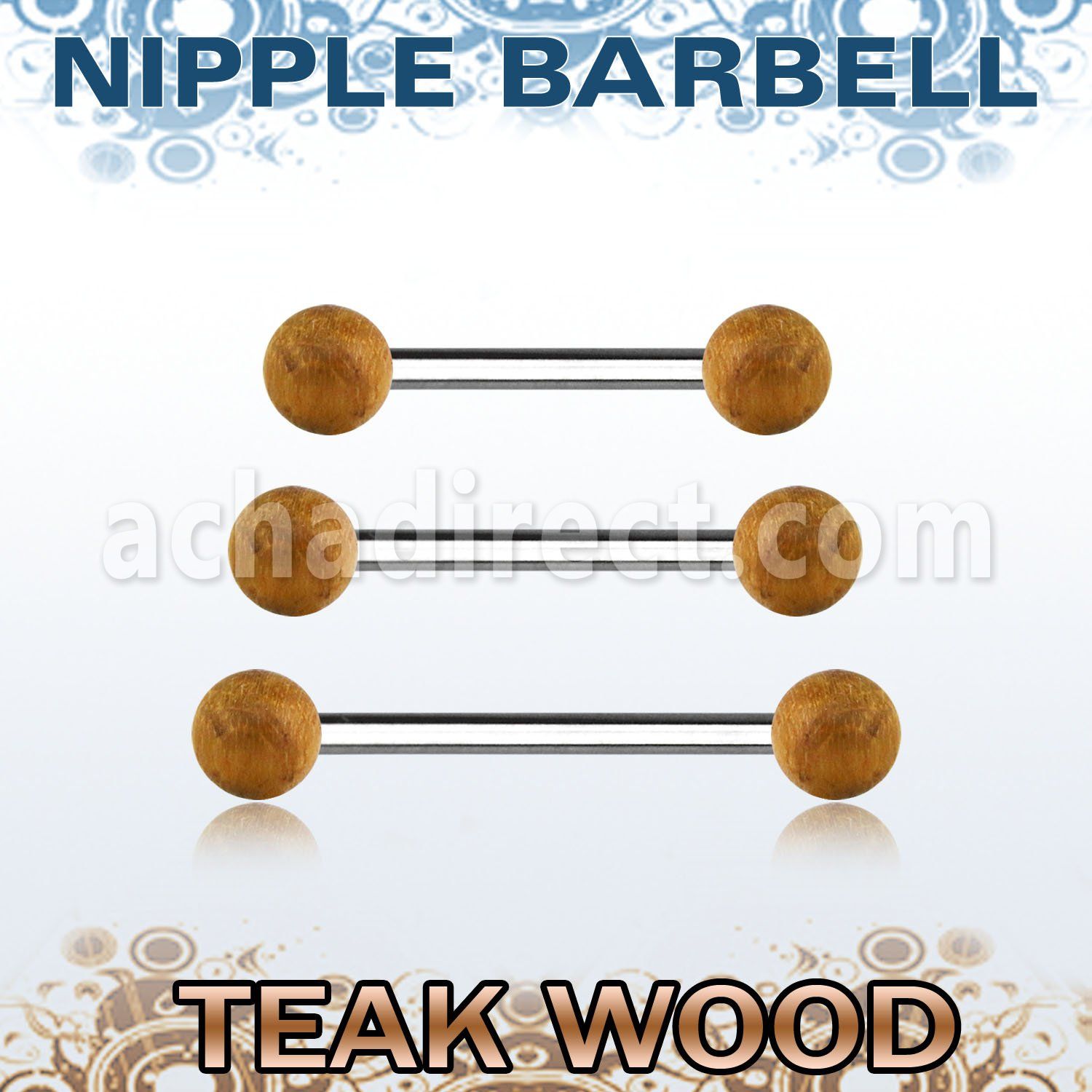 bbnpte5 organic nipple barbell w two 5mm teak wood balls