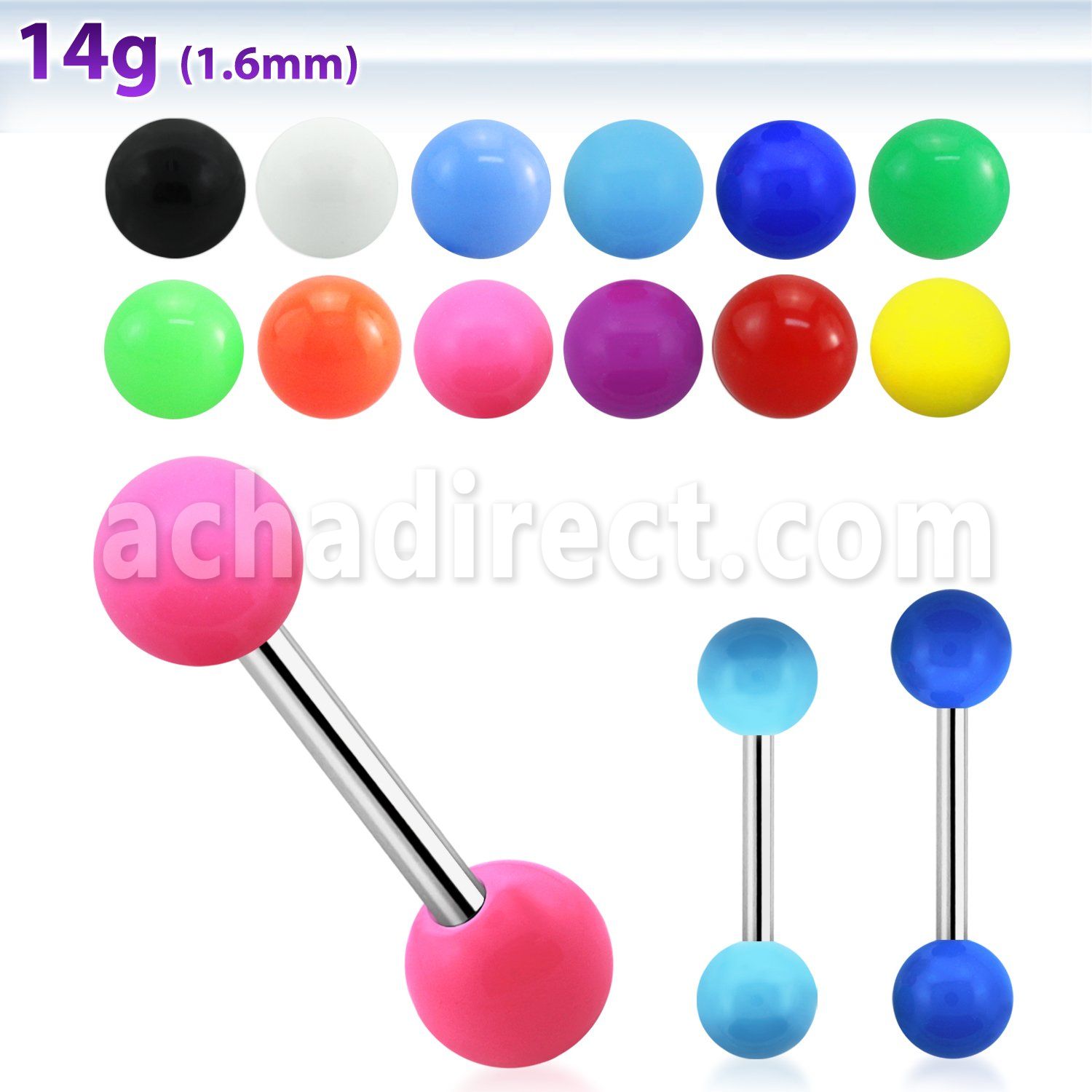 bbsa 316l steel tongue barbell with 6mm solid acrylic ball