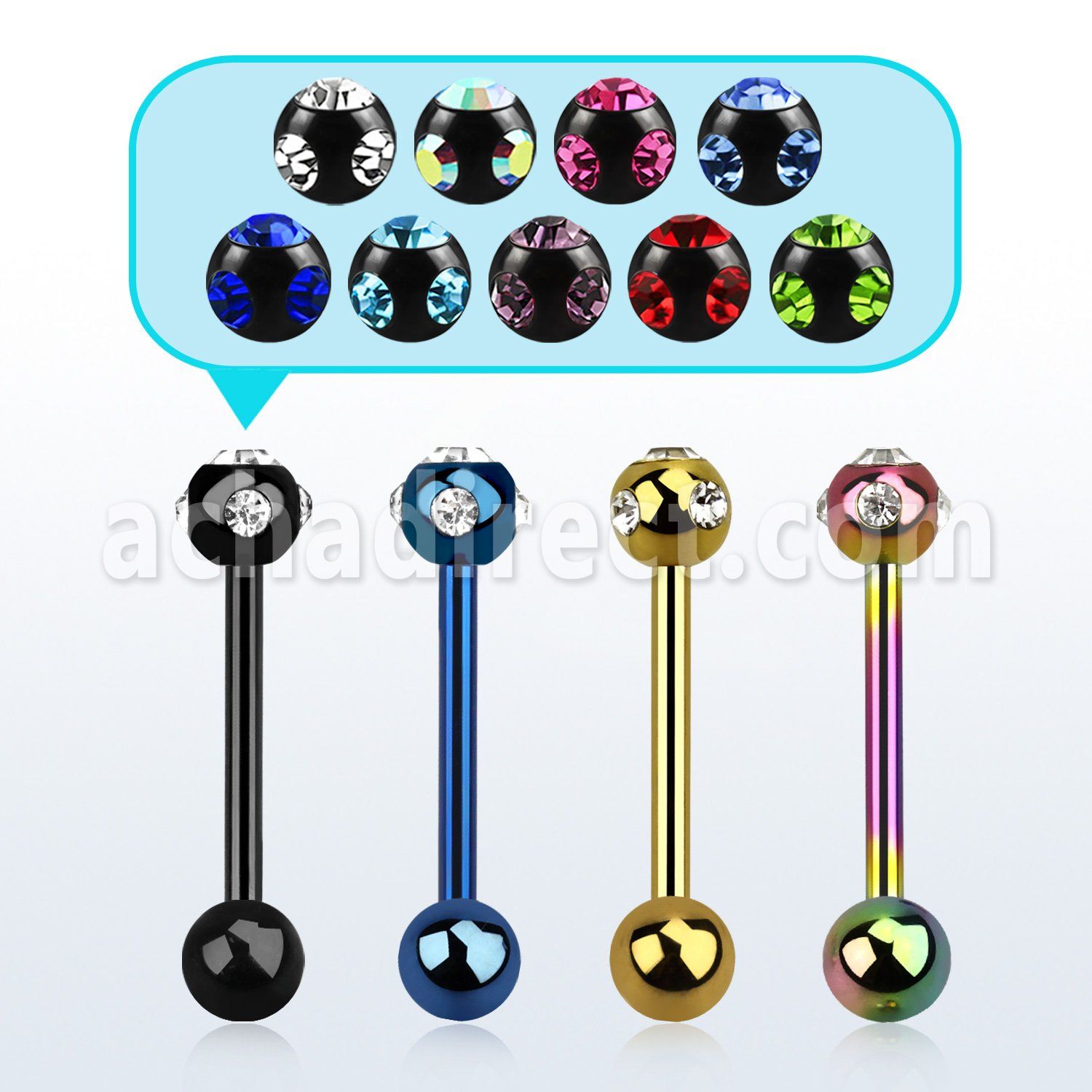 bbtc3 anodized 316l steel tongue barbell w jewel plain ball