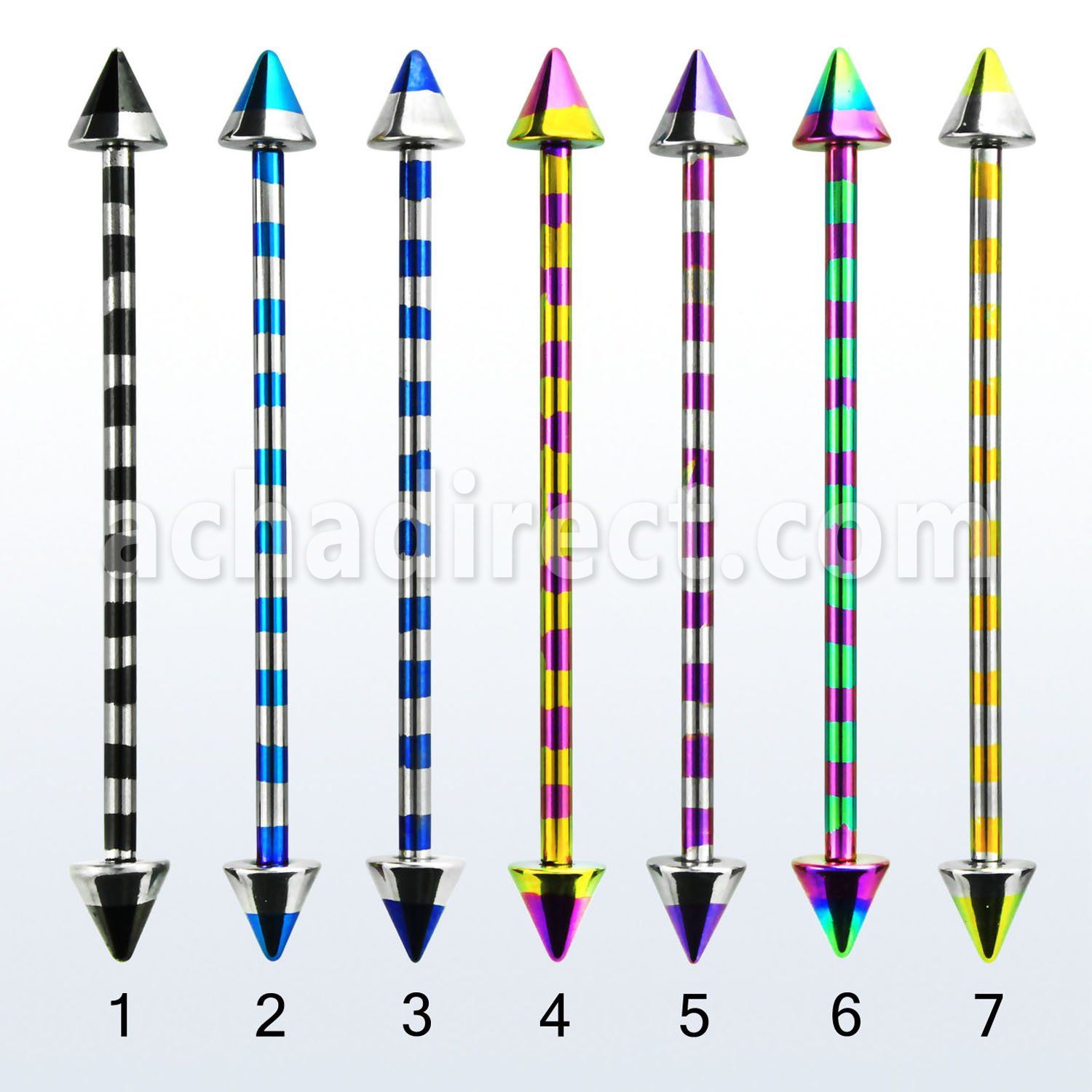 bbtnrb zebra striped pvd 316l steel industrial barbell w cones