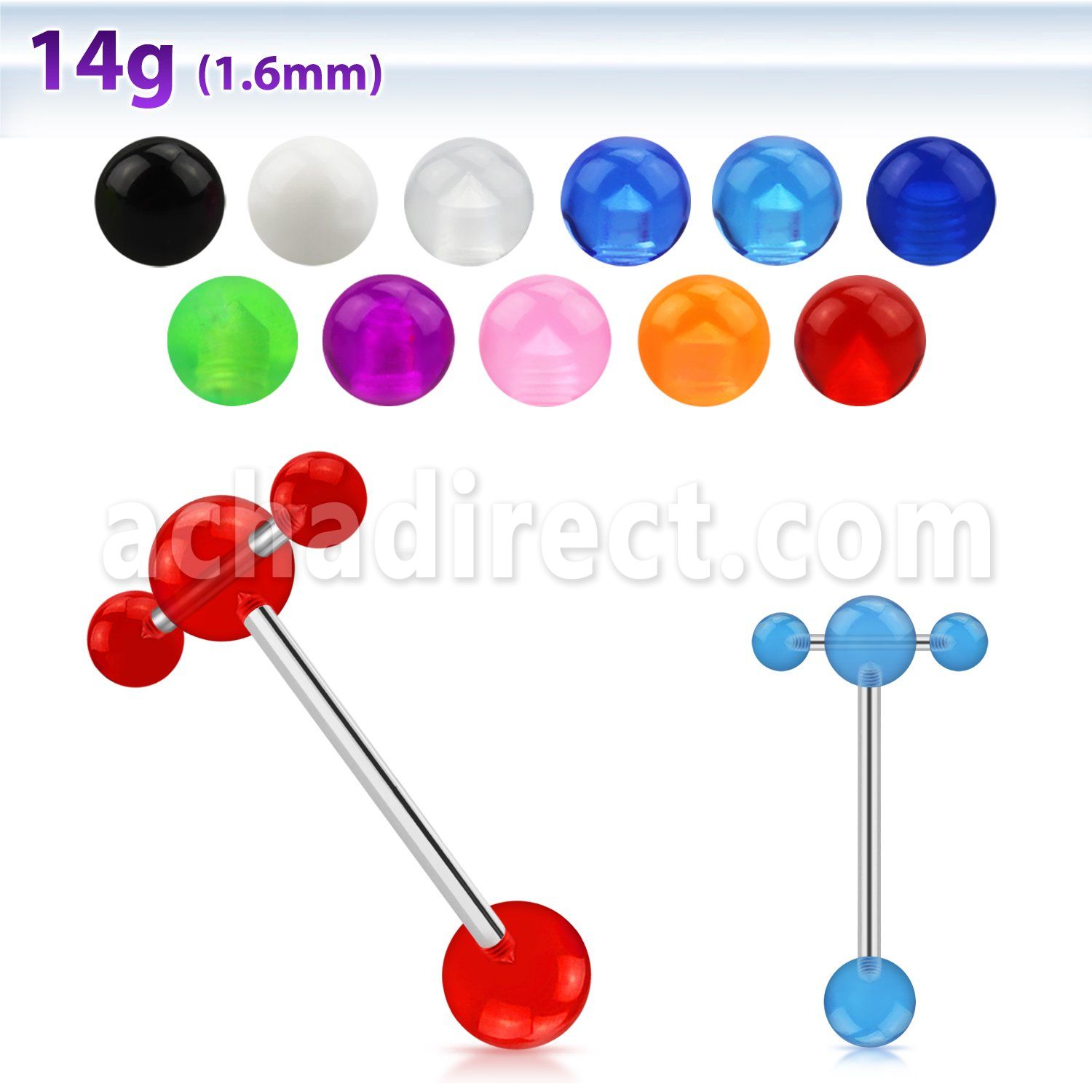 bbuvspn 316l steel tongue barbell w acrylic uv ball spinner