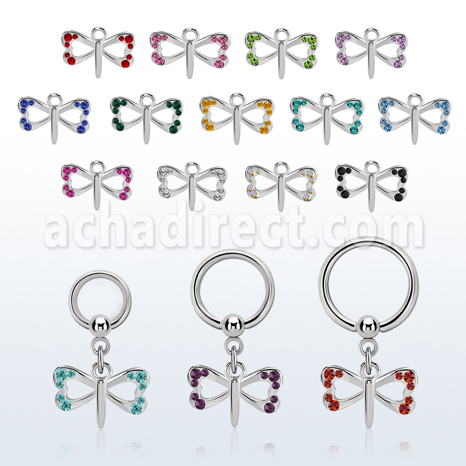 bcrg761 steel ball closure ring, 14g w dangling small butterfly
