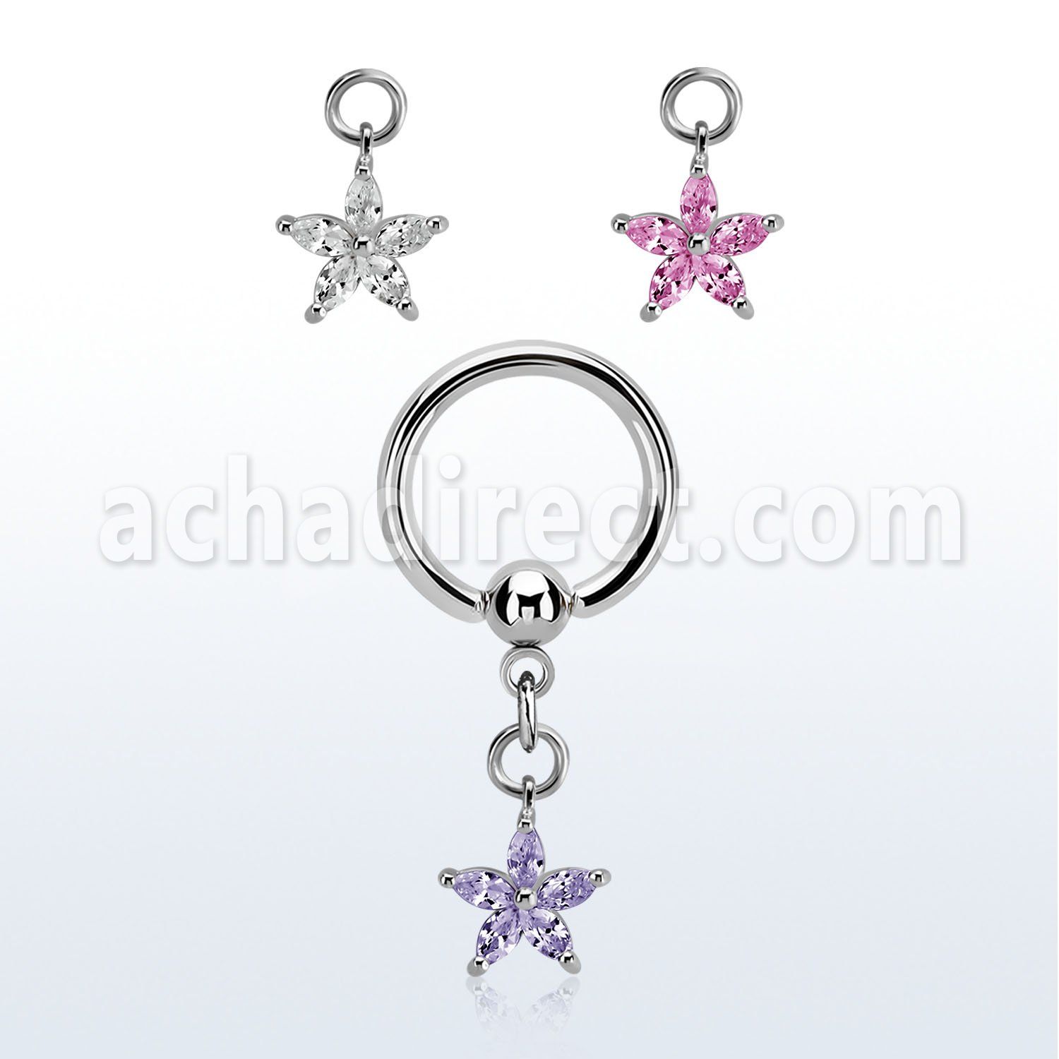bcrgz413 steel ball closure ring w dangling flower shape w czs 
