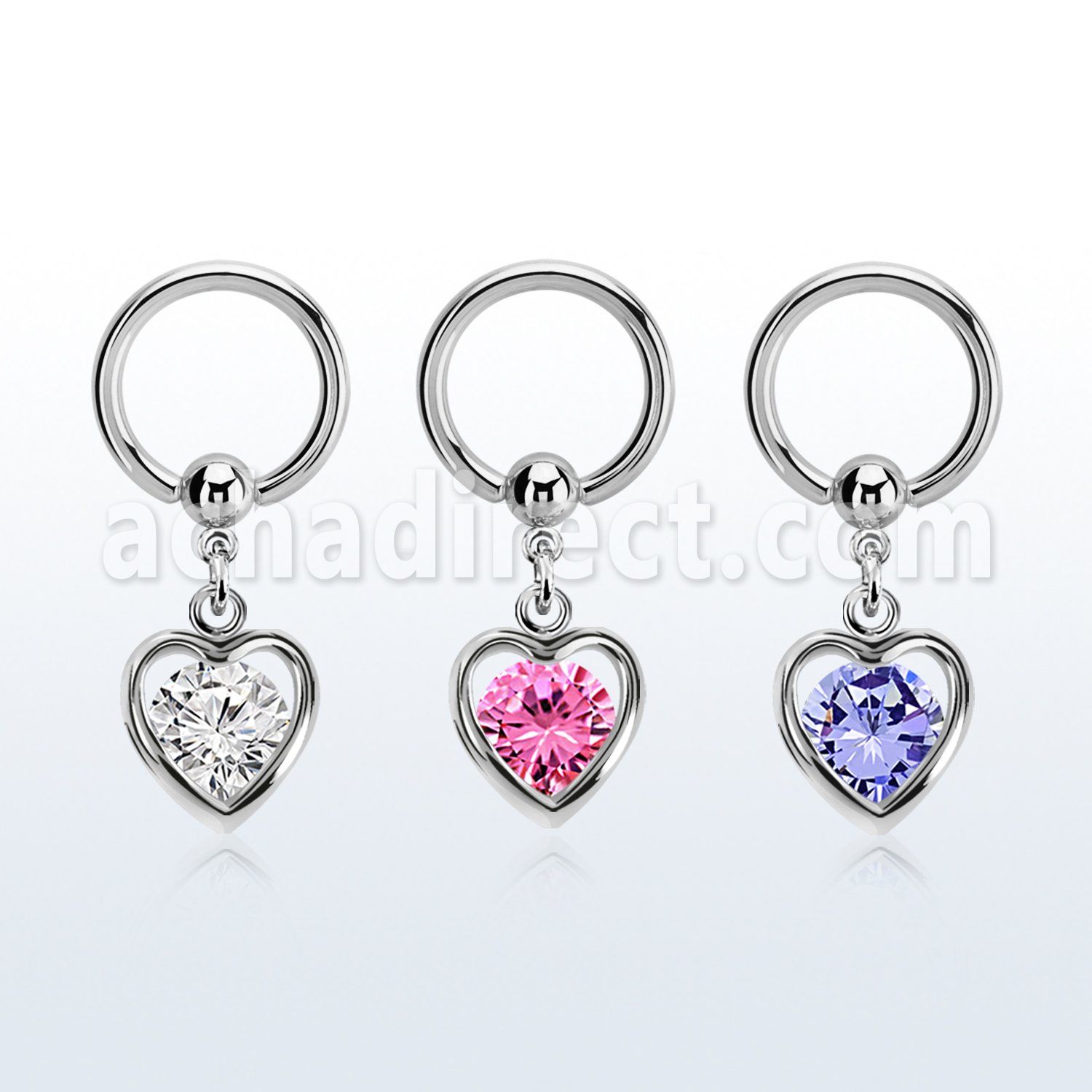 bcrgz419 316l steel ball closure ring 1.6mm w dangling heart w cz