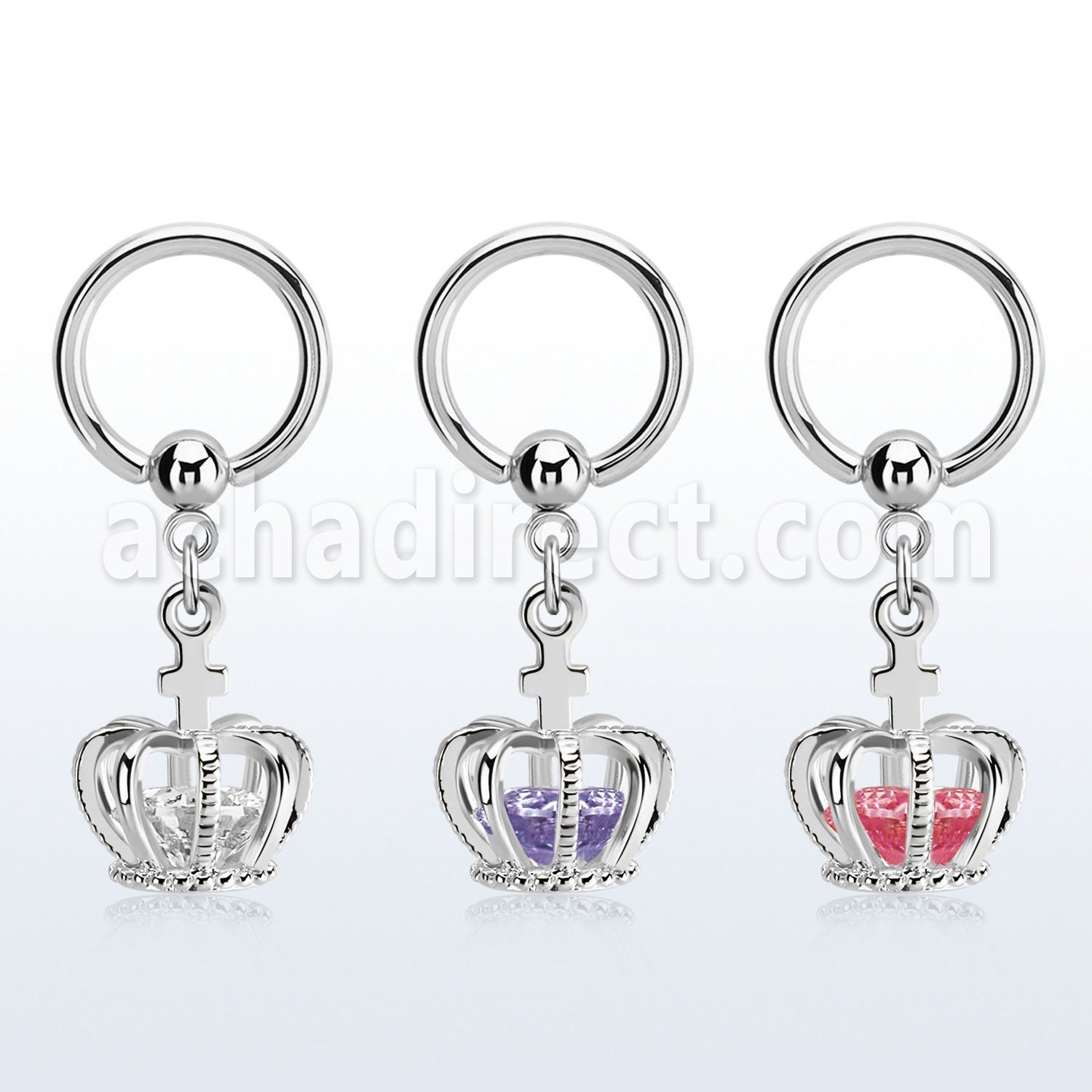 bcrgz590 316l steel bcr, 14g dangling crown w cz