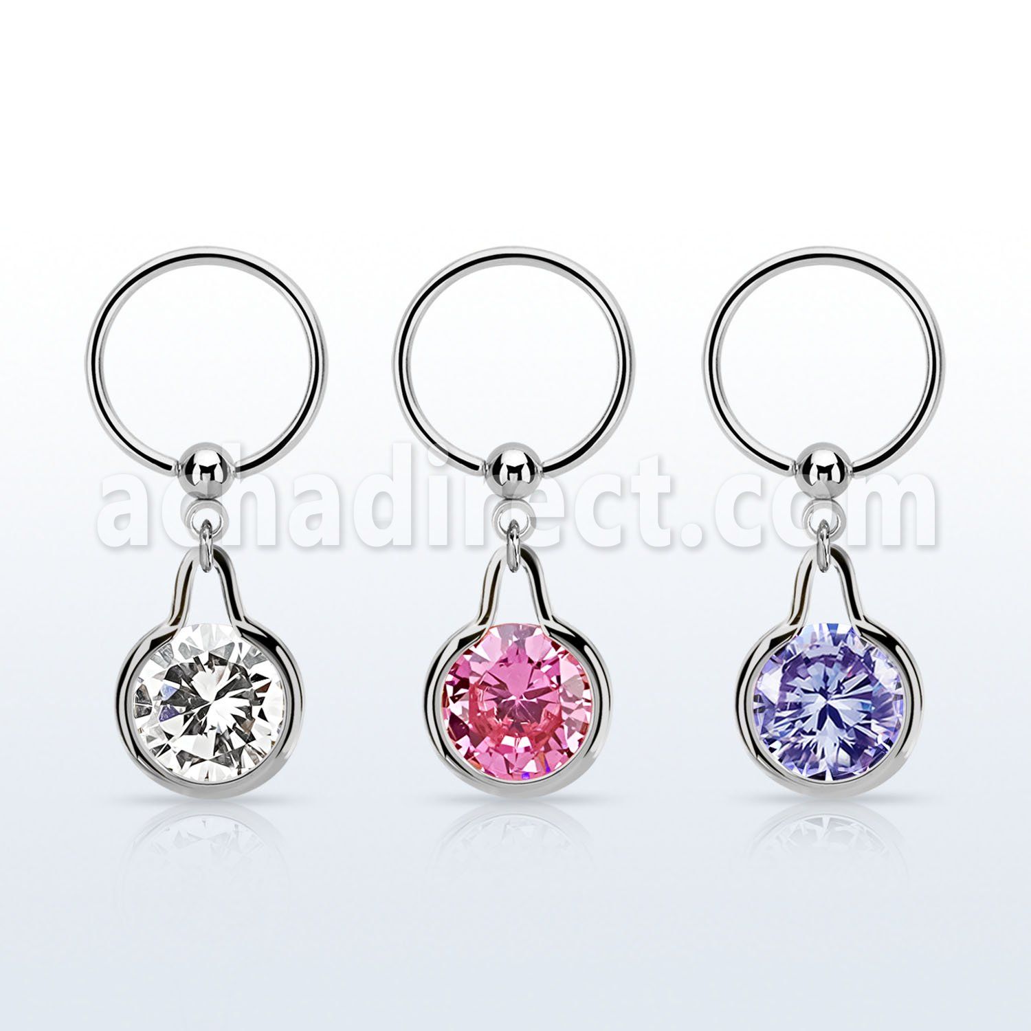 bcrsz417 steel ball closure ring w dangling w CZ stone in middle
