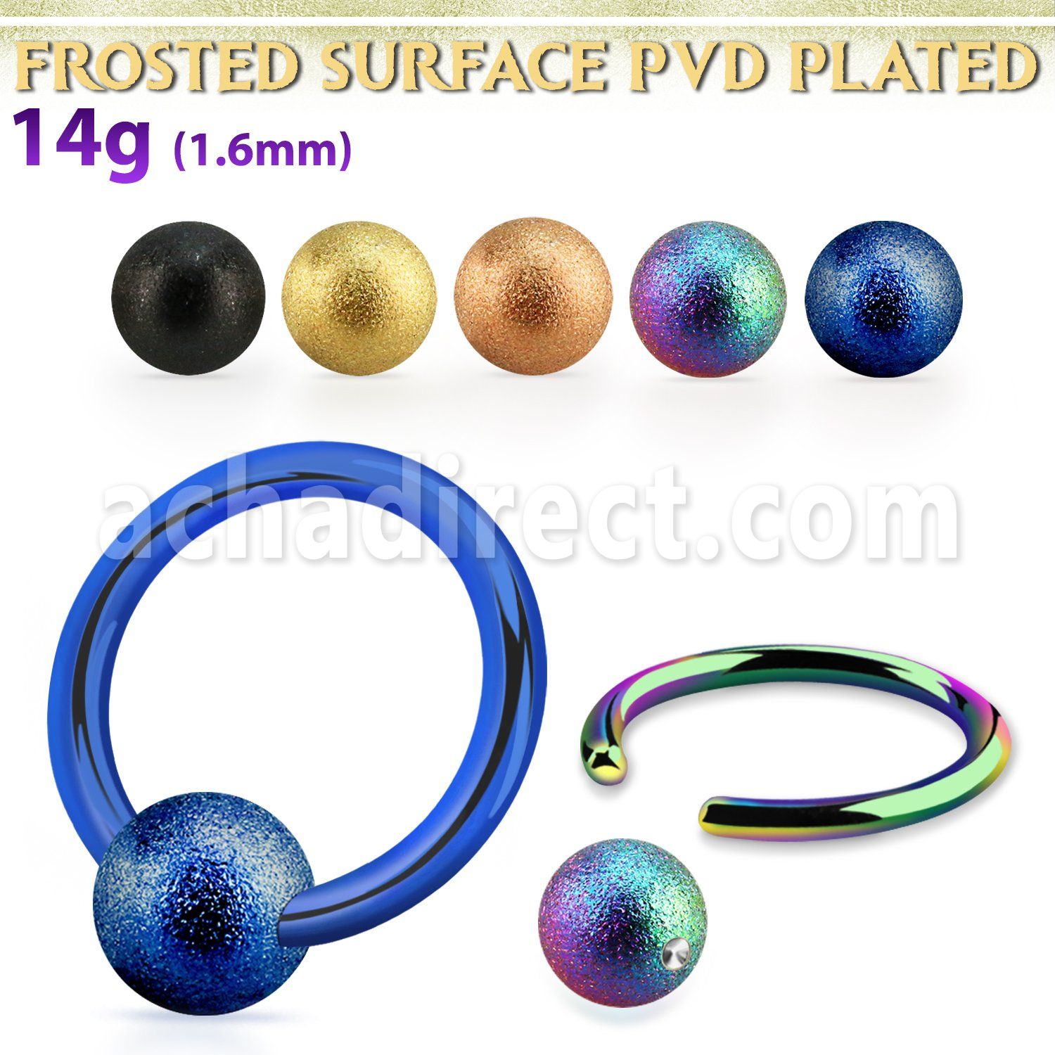 bcrt14f5 anodized steel ball closure ring, 14g w 5mm frosted ball