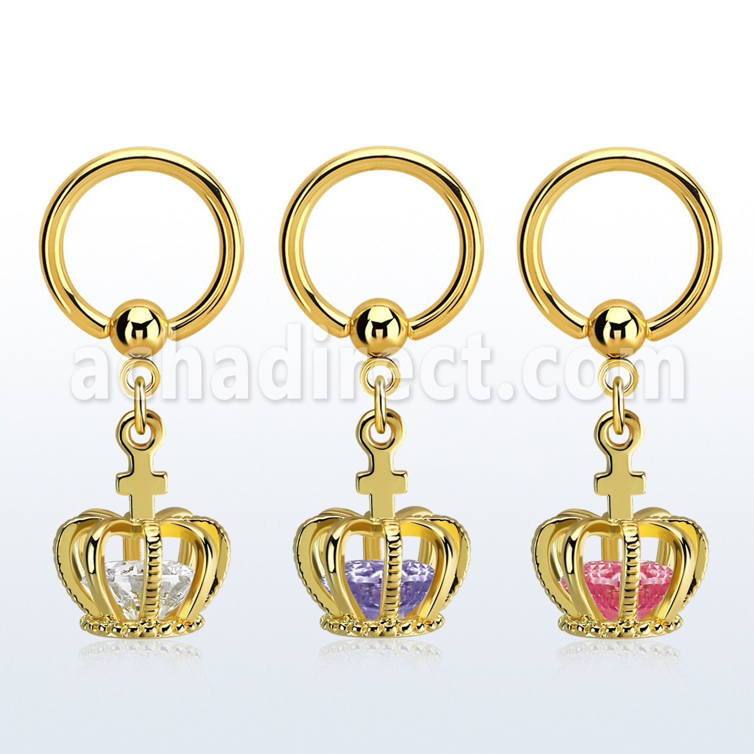 bcrtgz6 gold plated 316l steel bcr, 14g w dangling crown w cz