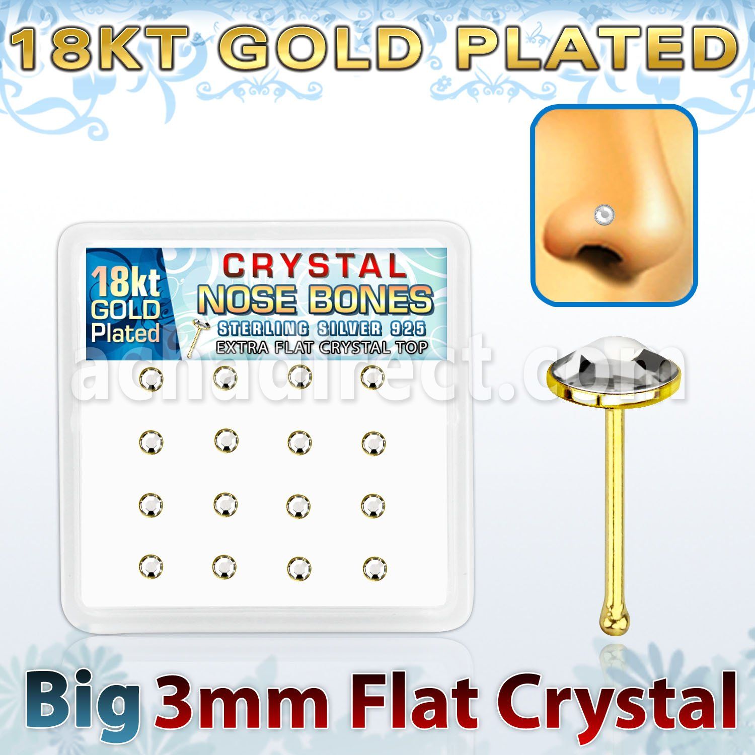 bfbrg16c silver nose bone w 18k gold plating 3mm flat crystal