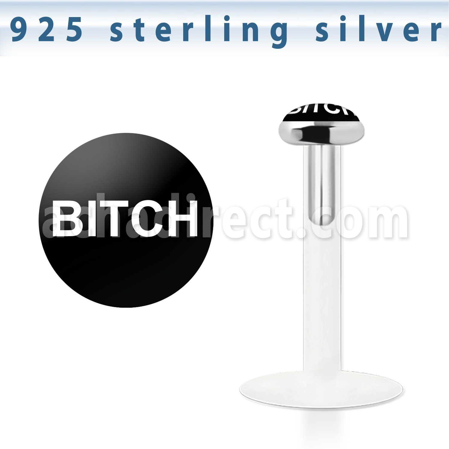 bilg26 bio flex labret w 3mm flat silver top with bitch logo