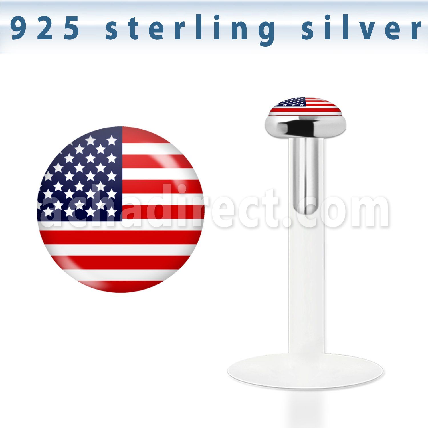bilg32 bio flex labret with 3mm flat silver top w am flag logo