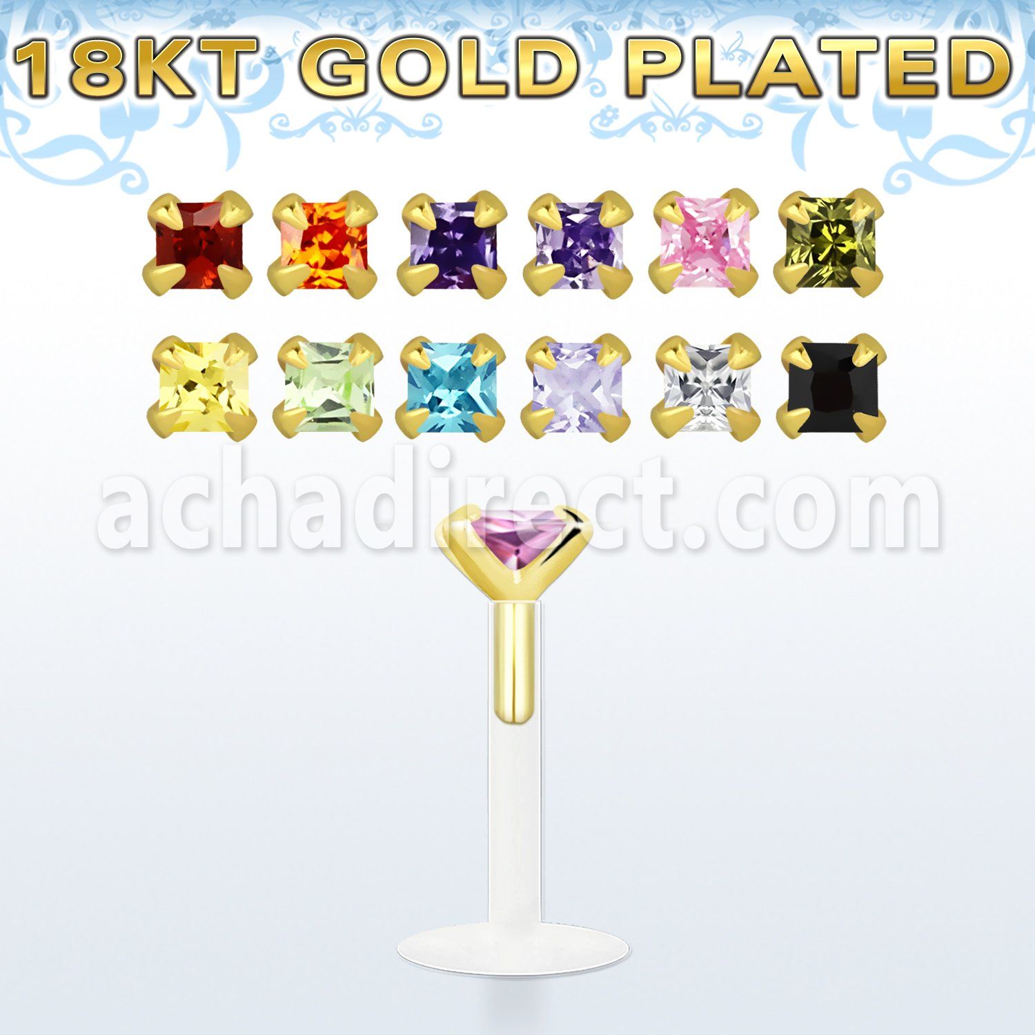 bilq3rg bioflex labret w gold silver w square 3mm prong set cz