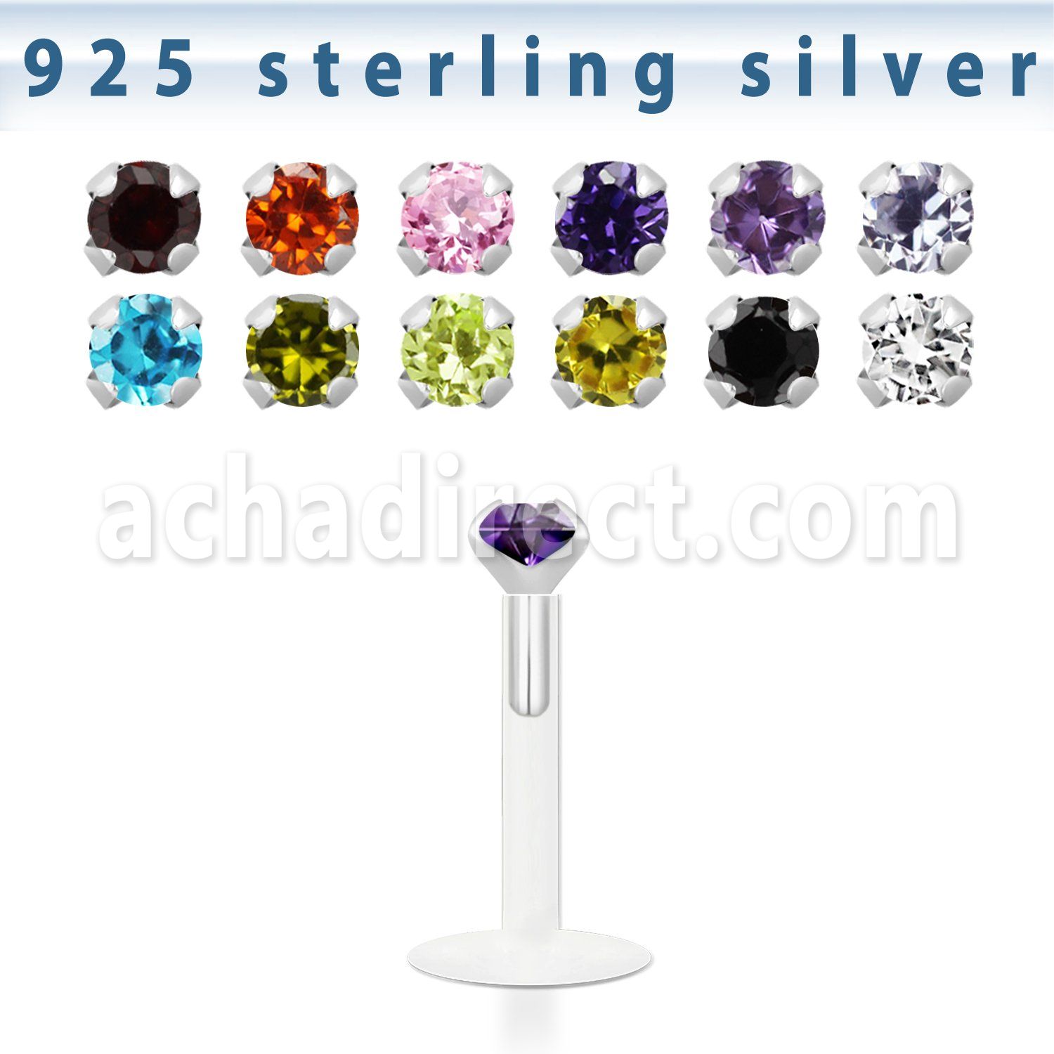 bilz25m bioflex labret w sterling silver top w prong cz