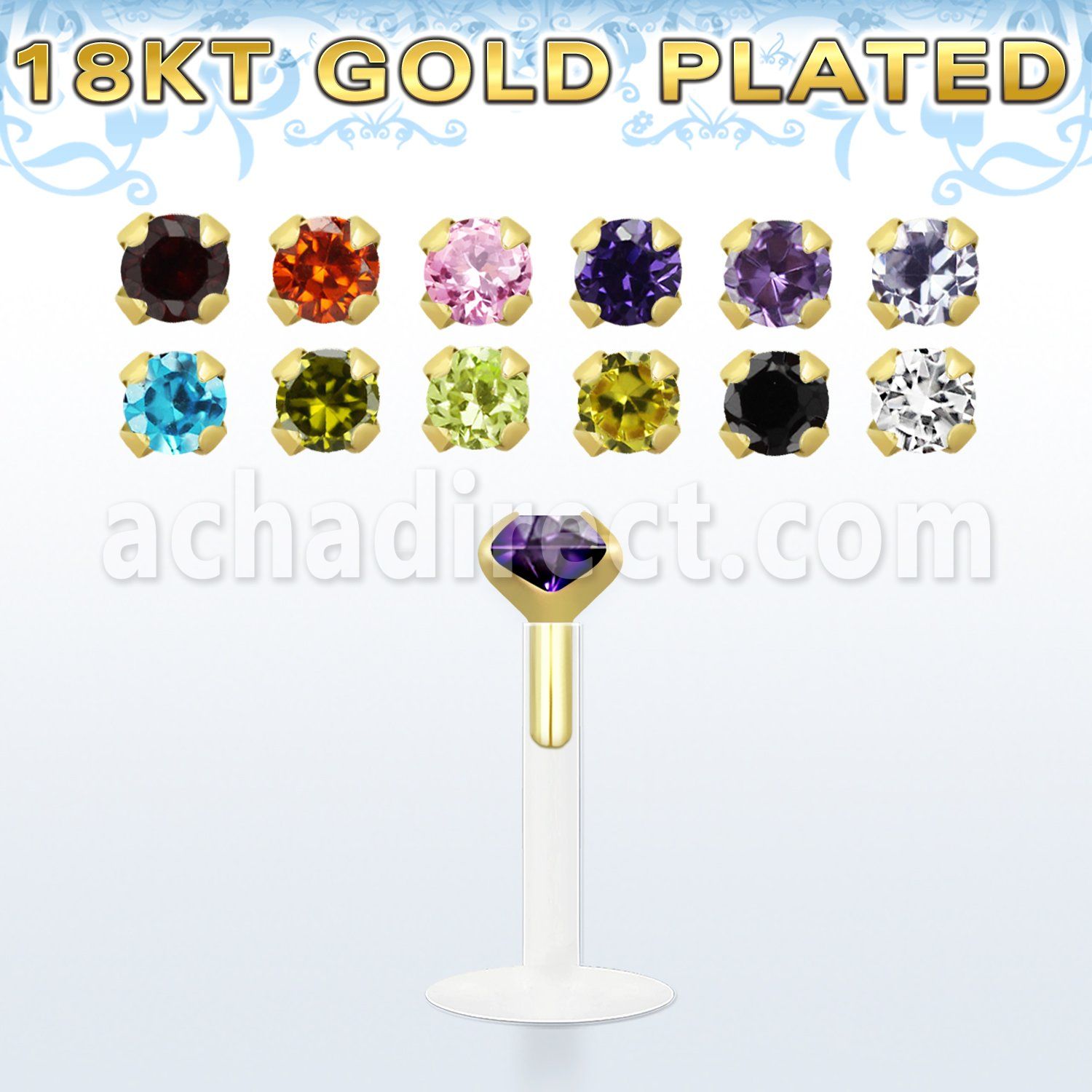 bilz3rg bioflex labret w gold silver w round 3mm prong set cz