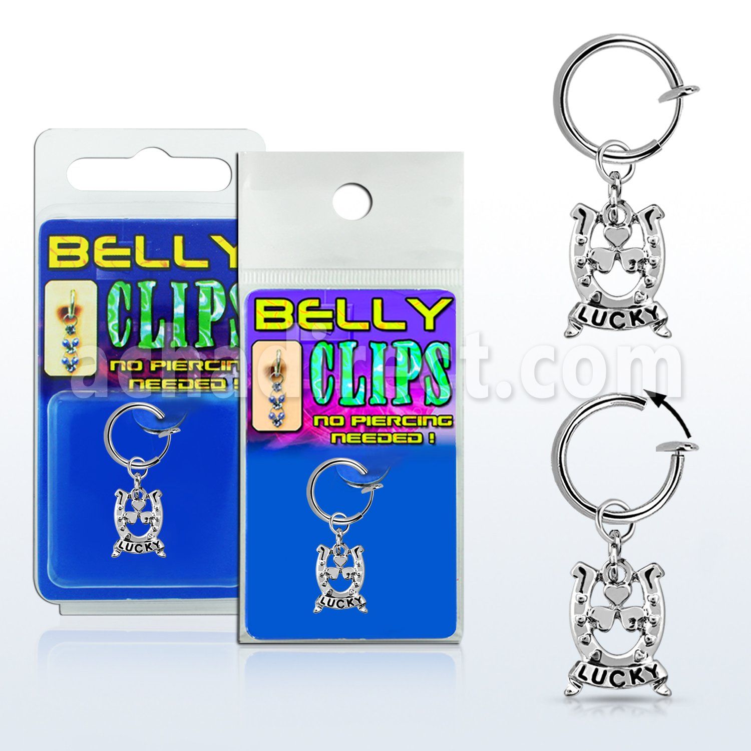 blcp572 fake belly clip w a dangling horseshoe w lucky banner 