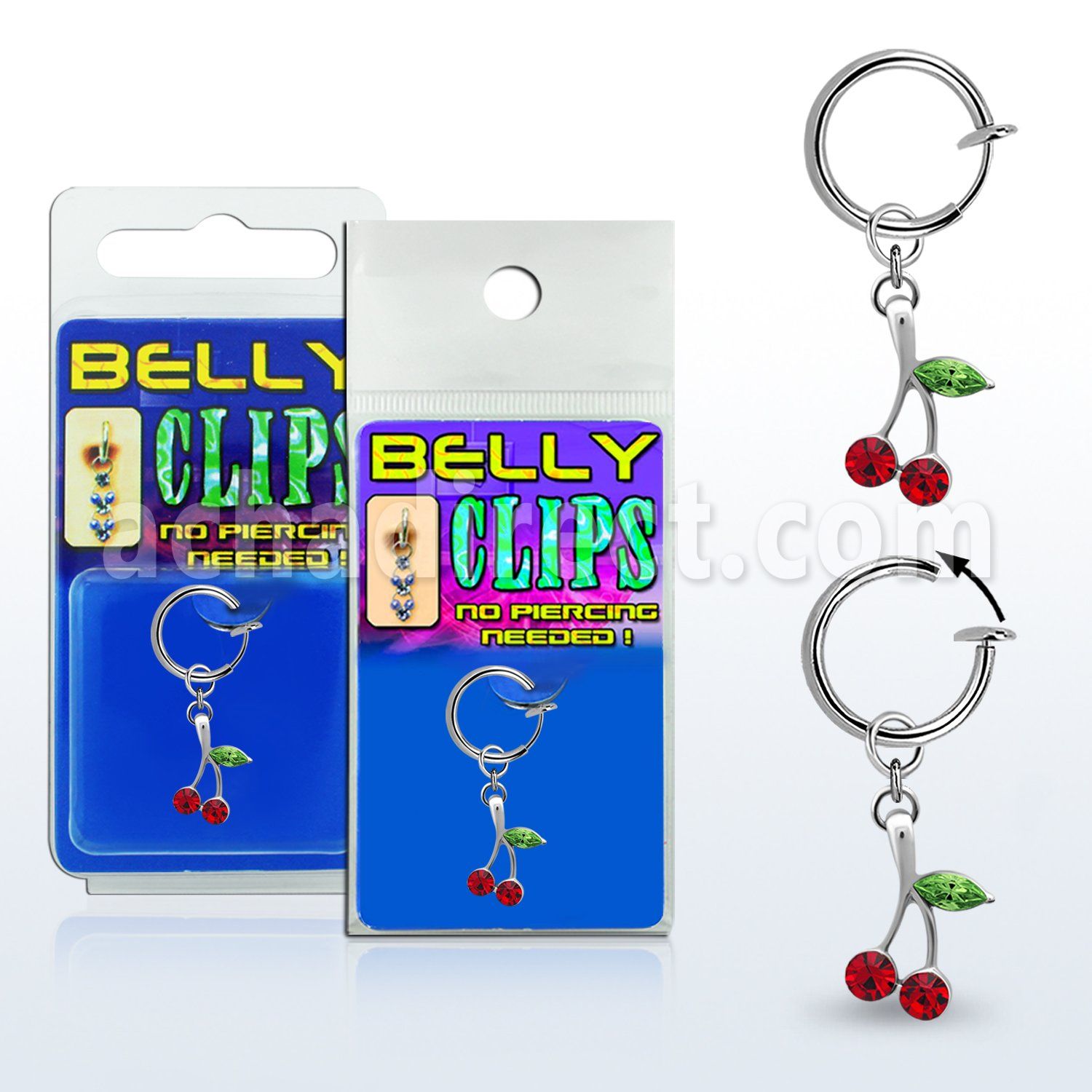 blcpch10 fake belly clip w a dangling tiny crystal cherry  