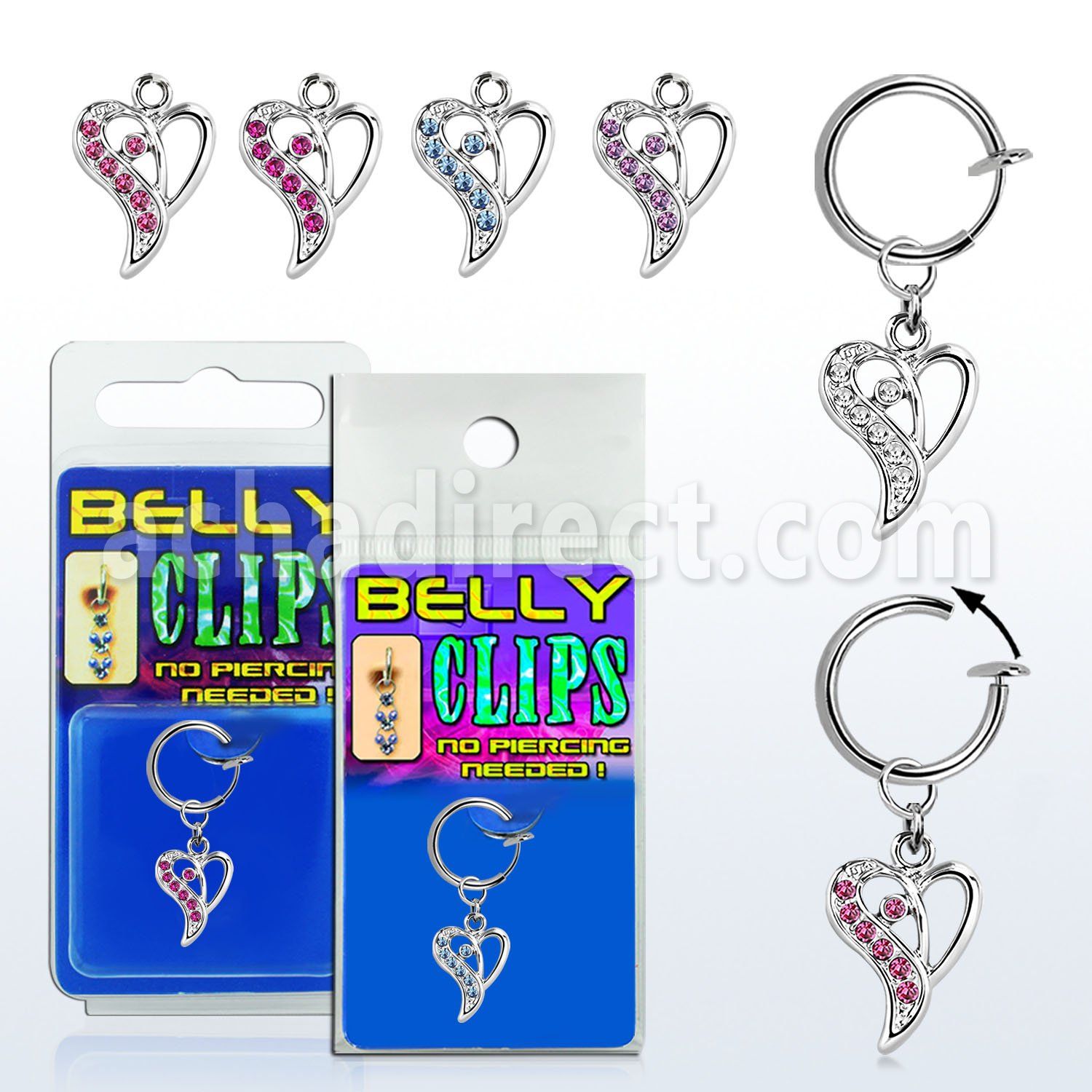 blcphrc2 fake belly clip w a dangling heart w crystals on 1 side 