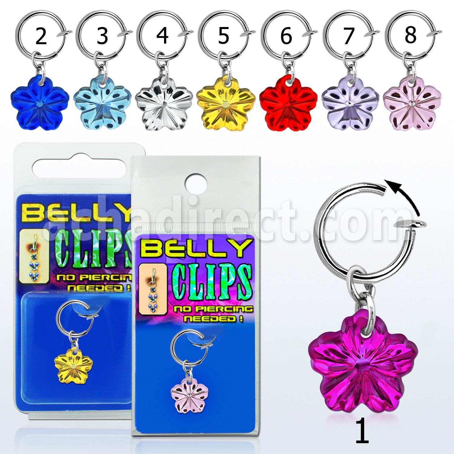 blcpt101 fake belly clip with big dangling acrylic flower in pack