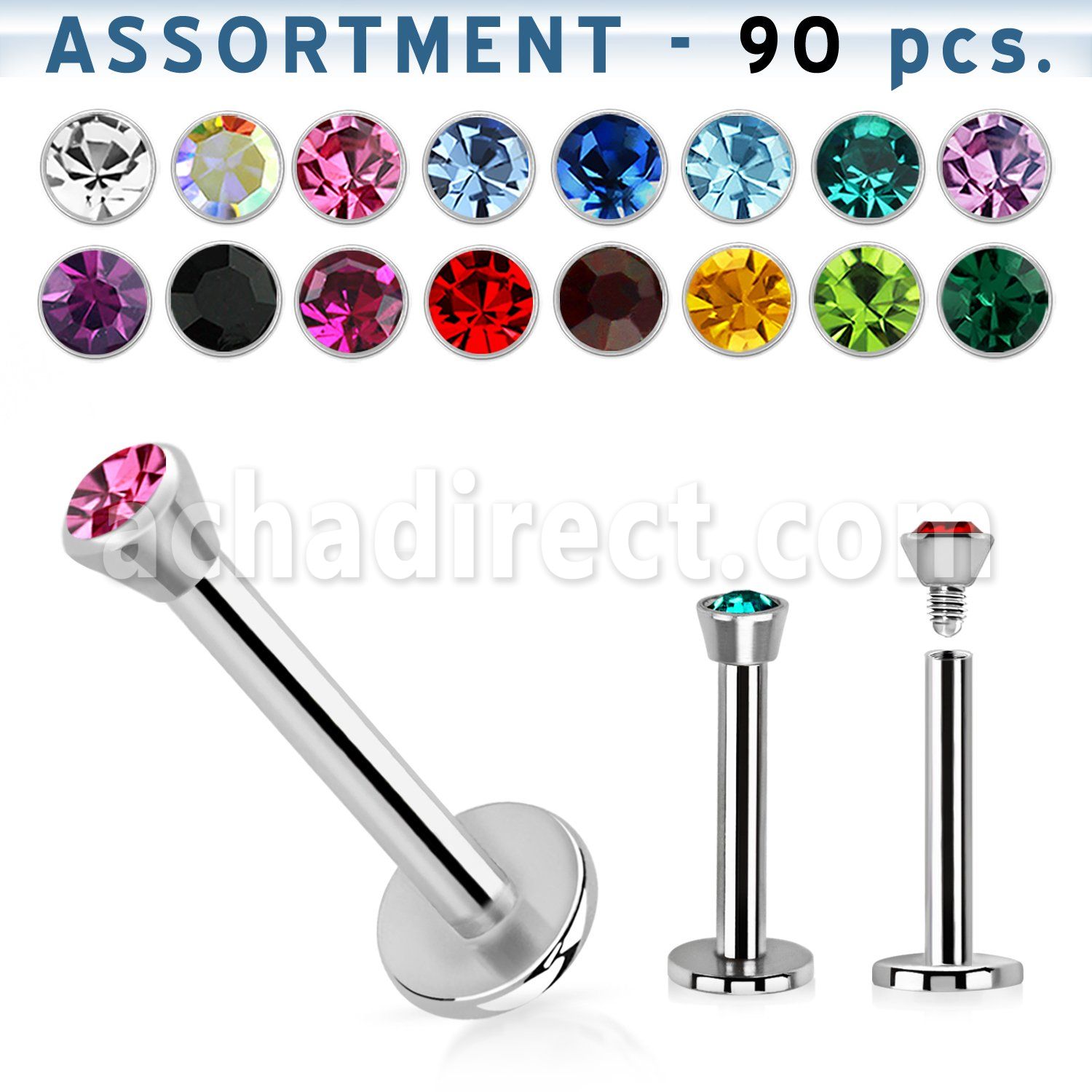 blk06 bulk of 316l steel labret with 2 5mm flat crystal tops