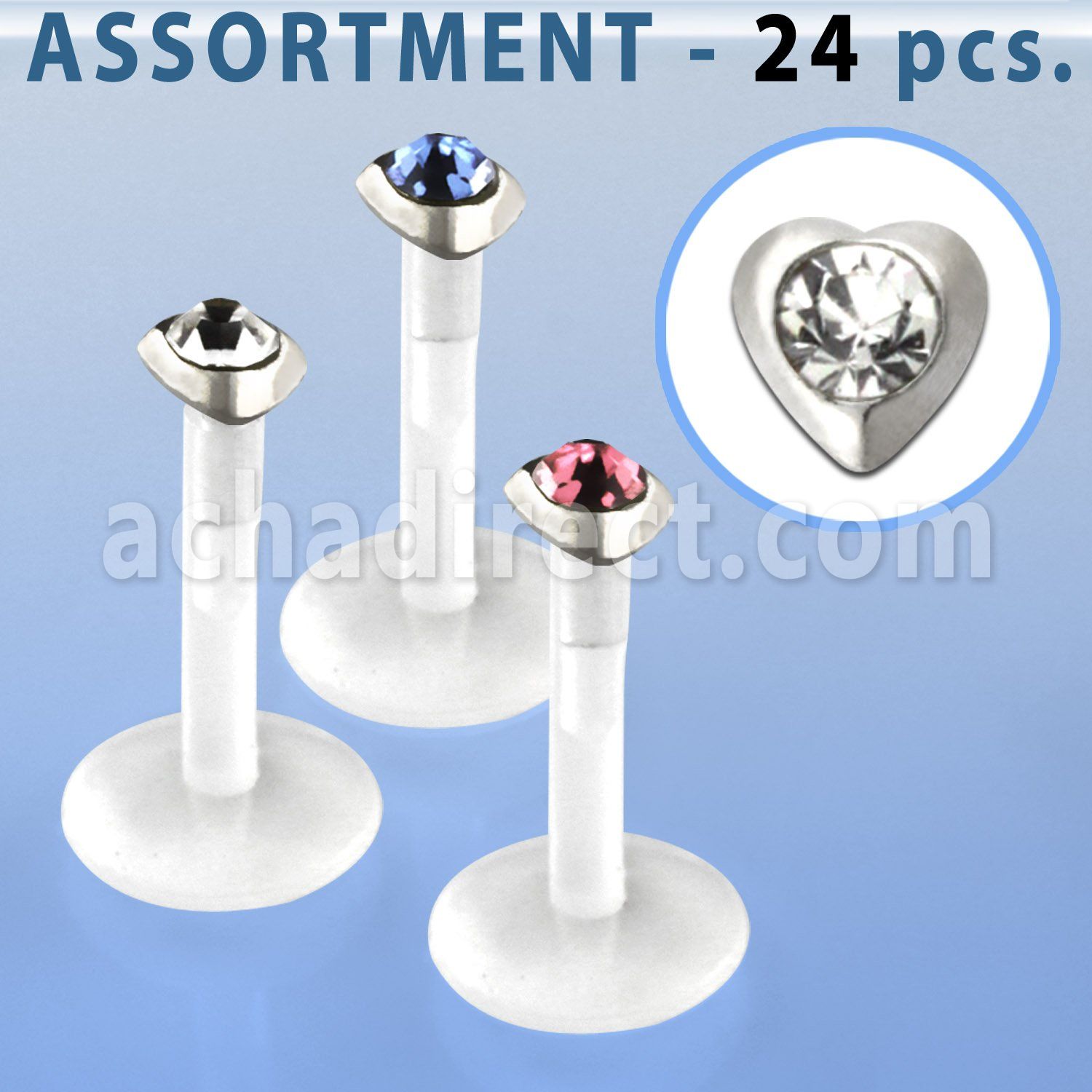 blk181 bio flex labret with silver heart top w central crystal