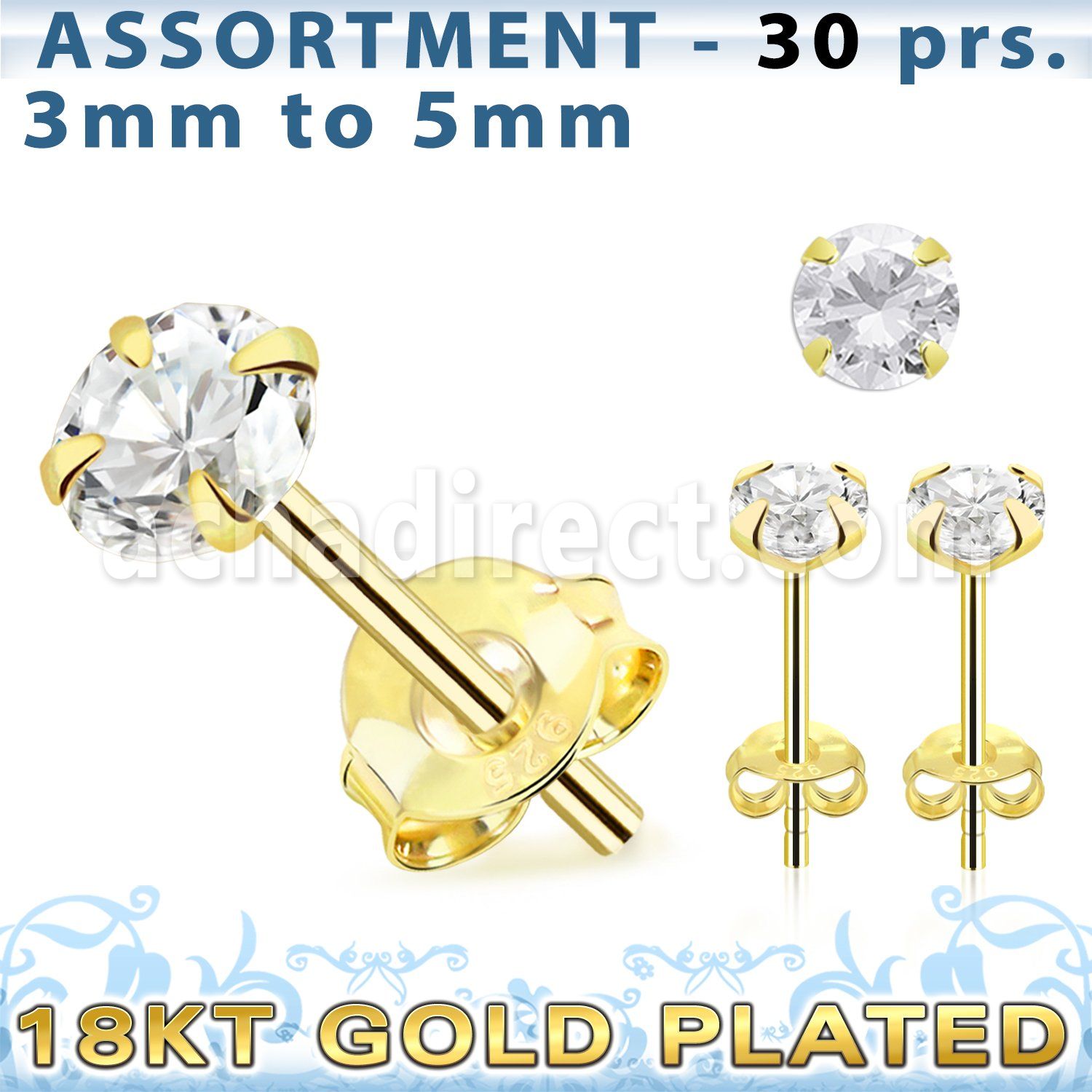 blk266s 18k gold plated silver ear stud with prong round cz