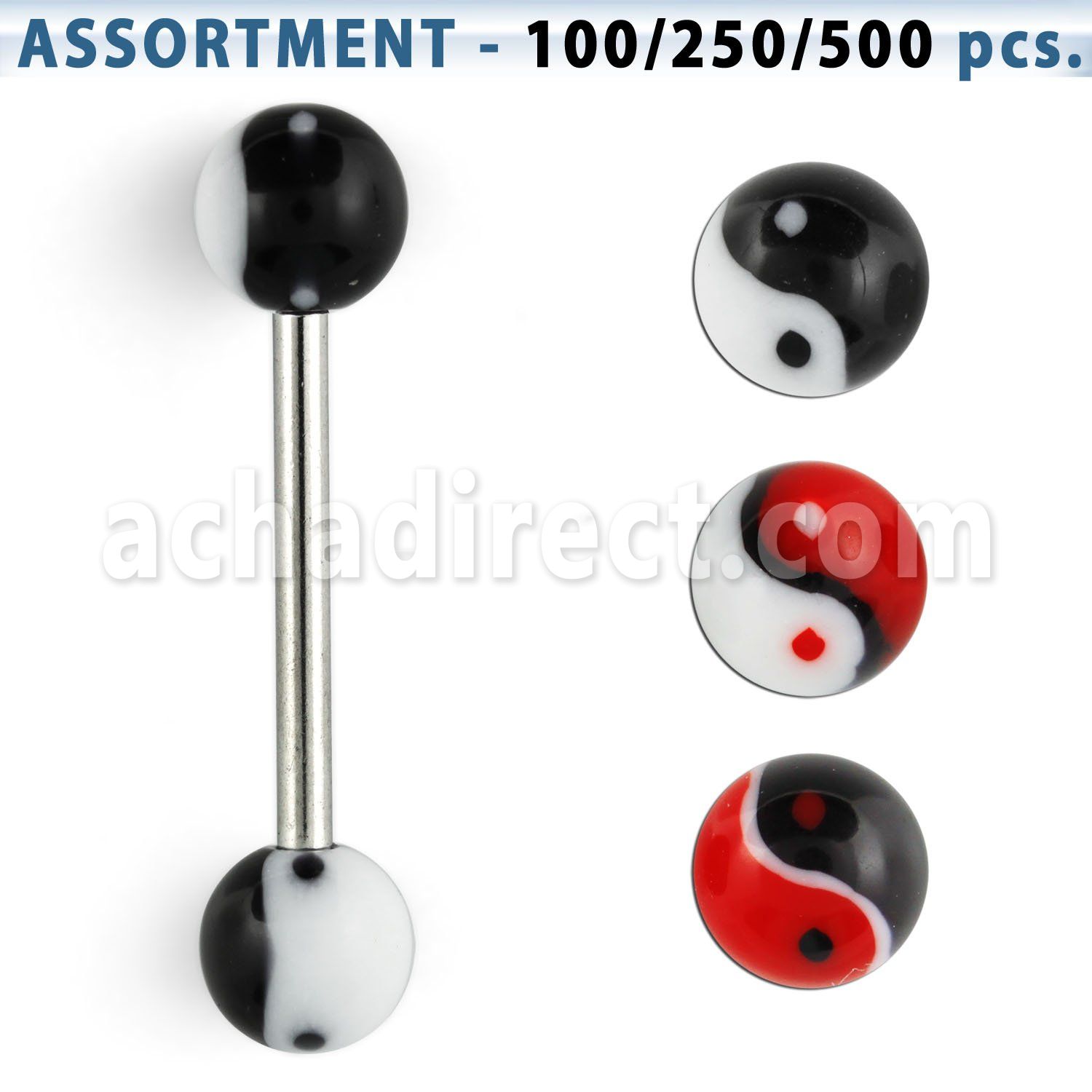 blk324 316l tongue barbell w 6mm acrylic ying yang ball