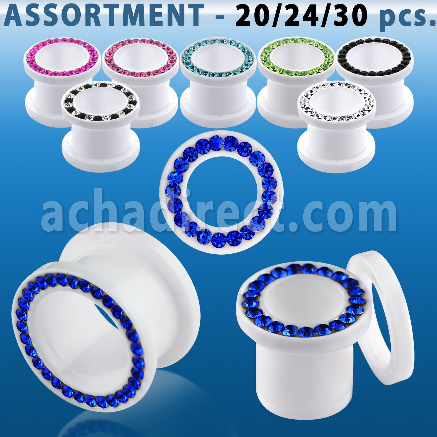 blk430 white acrylic screw fit tunnel with crystals studded rim