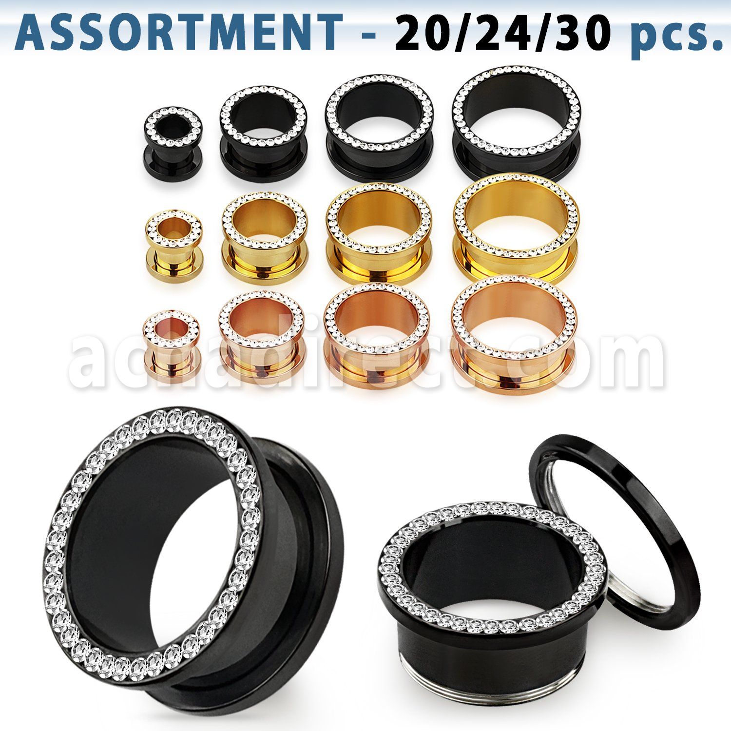 blk433 pvd plated 316l steel screw fit tunnel with crystal rim