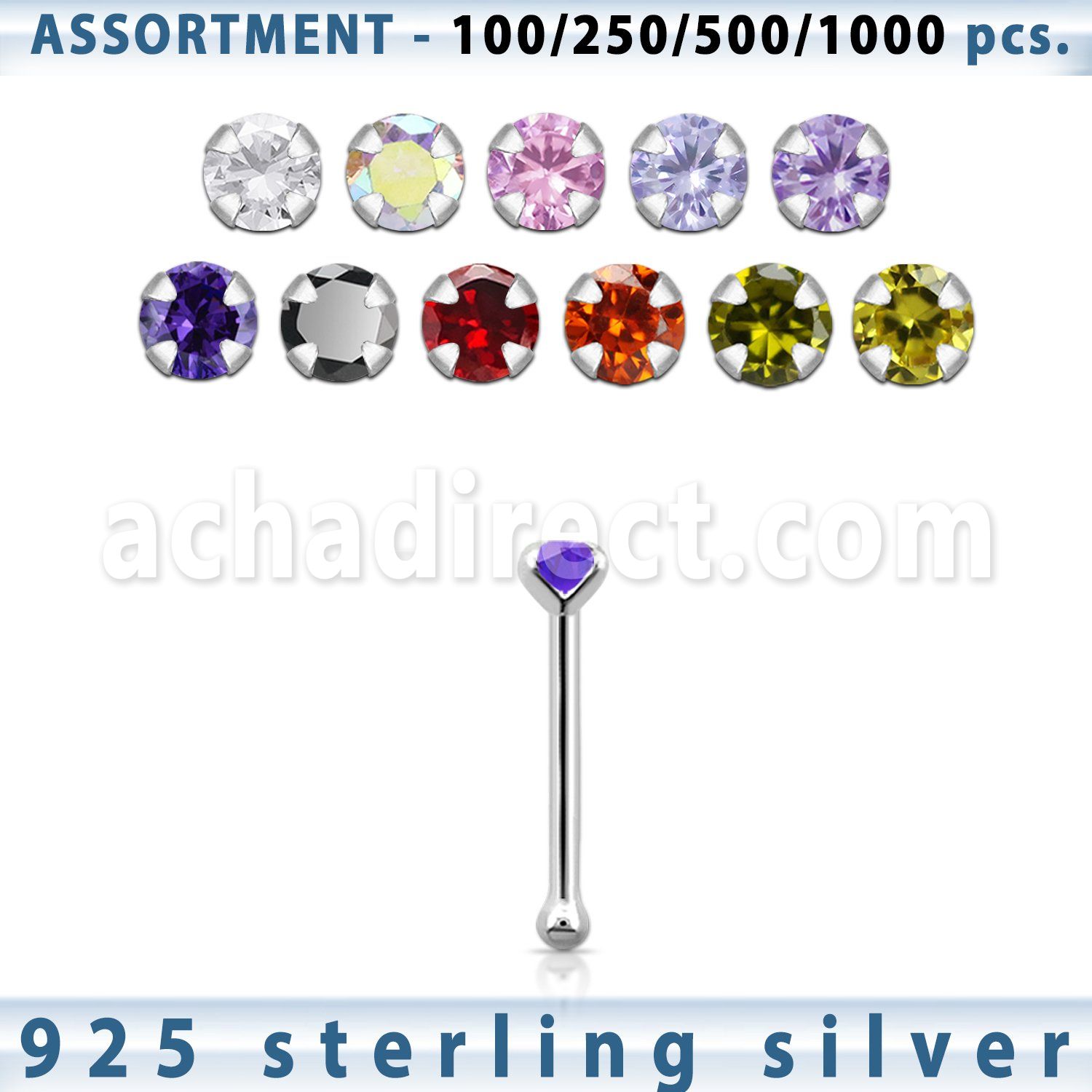 blk452 silver nose bone with 2mm round prong cz stone