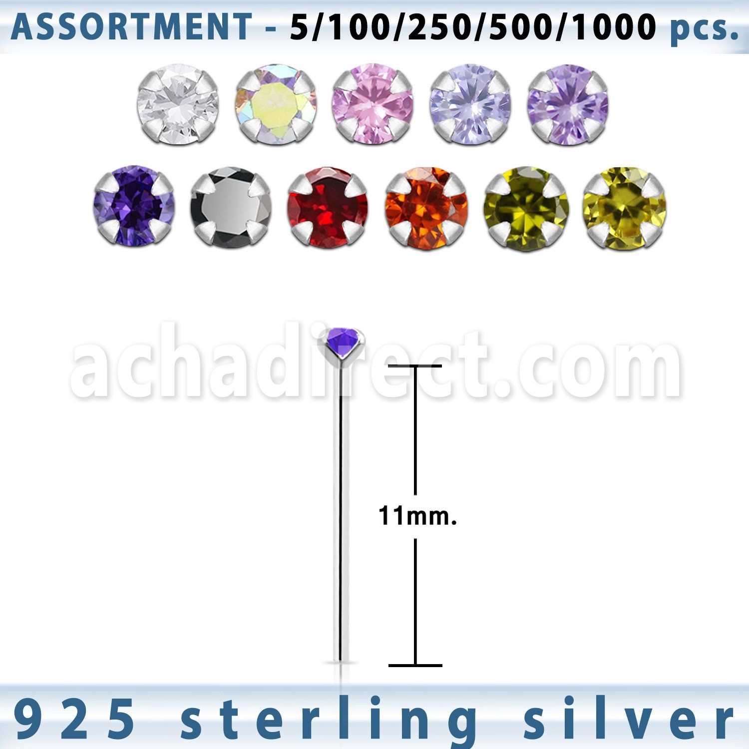 blk453 silver nose stud with 2mm round prong cz stone