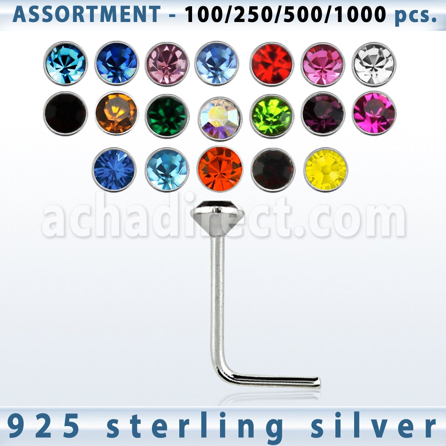 blk465 sterling silver nose stud with 2mm round crystal top
