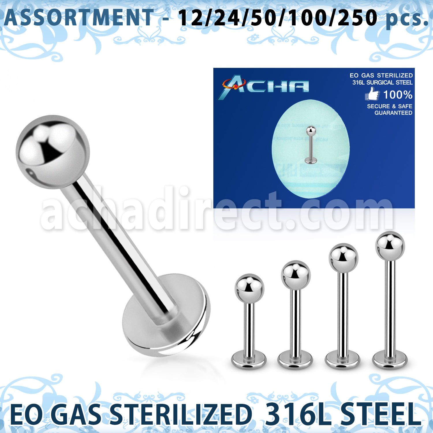 blk470 eo gas sterilized 316l steel labret with 3mm ball