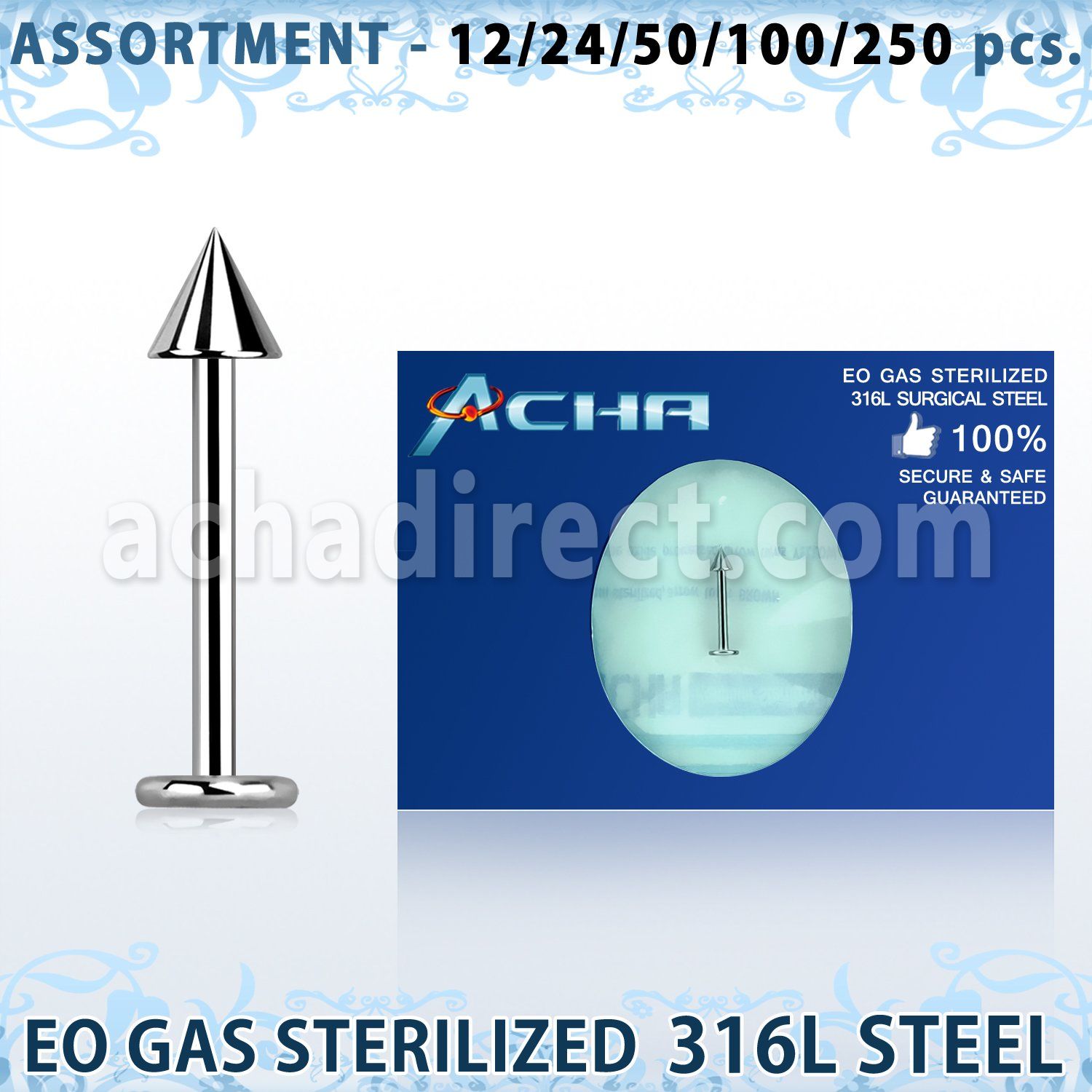 blk471 eo gas sterilized 316l steel labret with 3mm cone