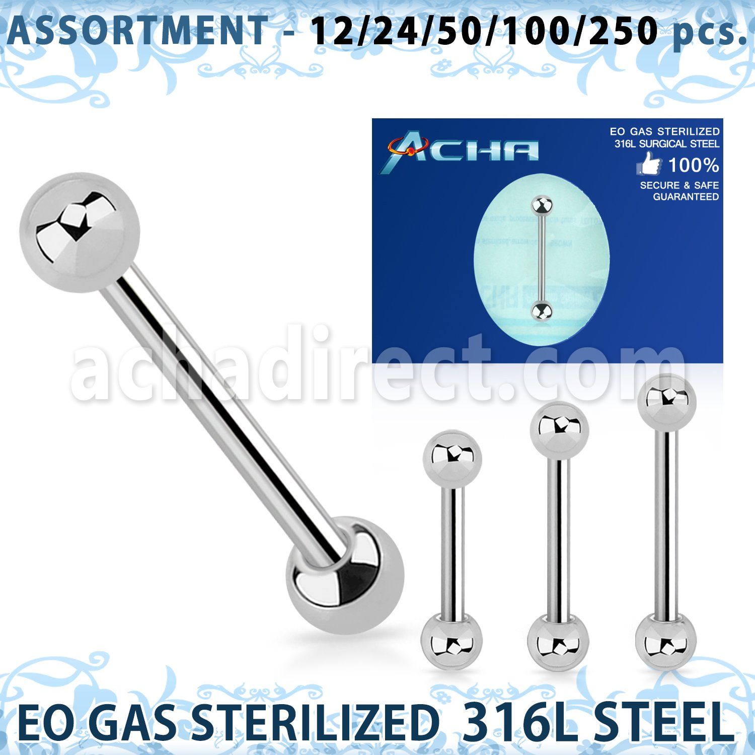 blk476 sterilized 316l steel tongue barbell w 5mm balls