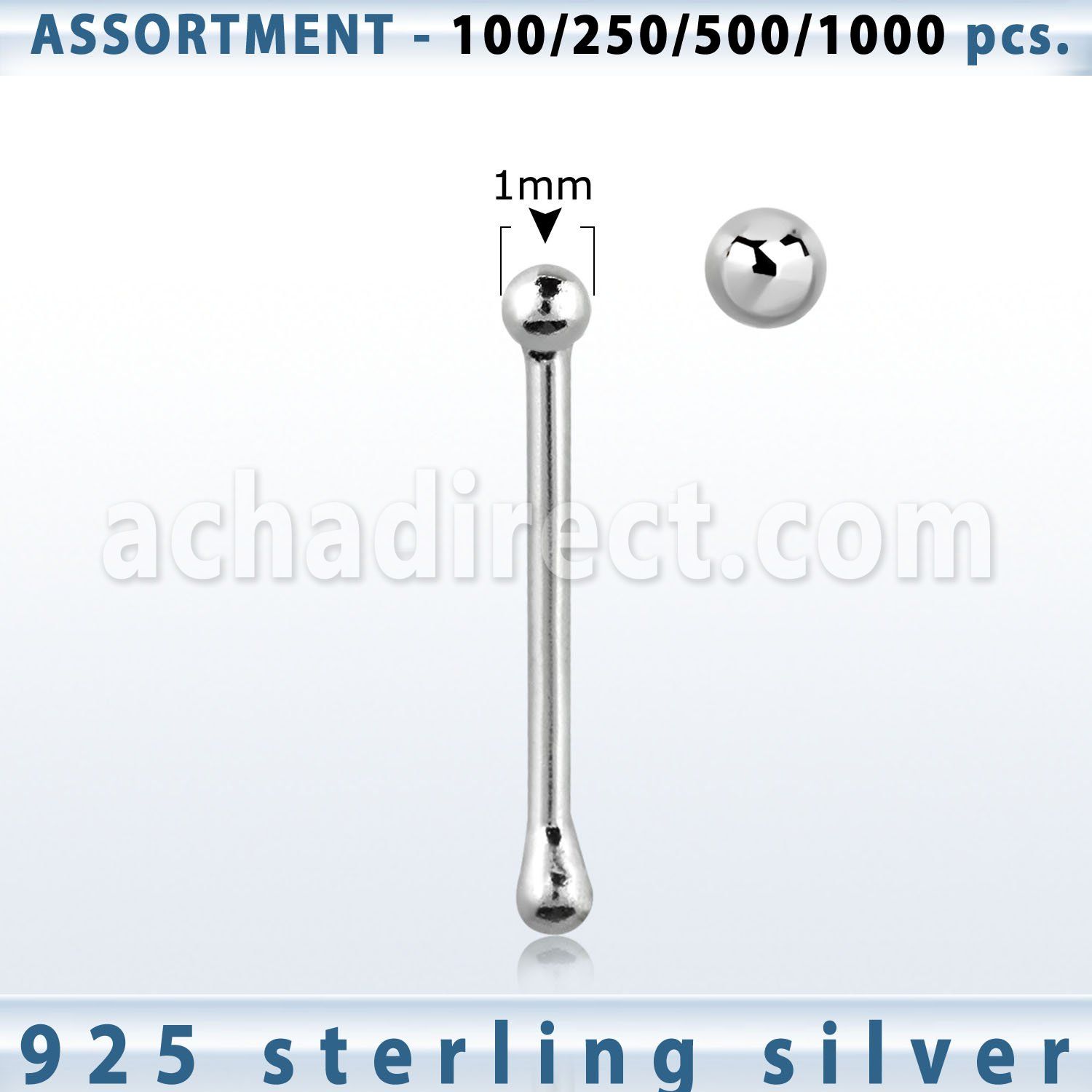 blk559 sterling silver nose bones with 1mm ball shaped top 