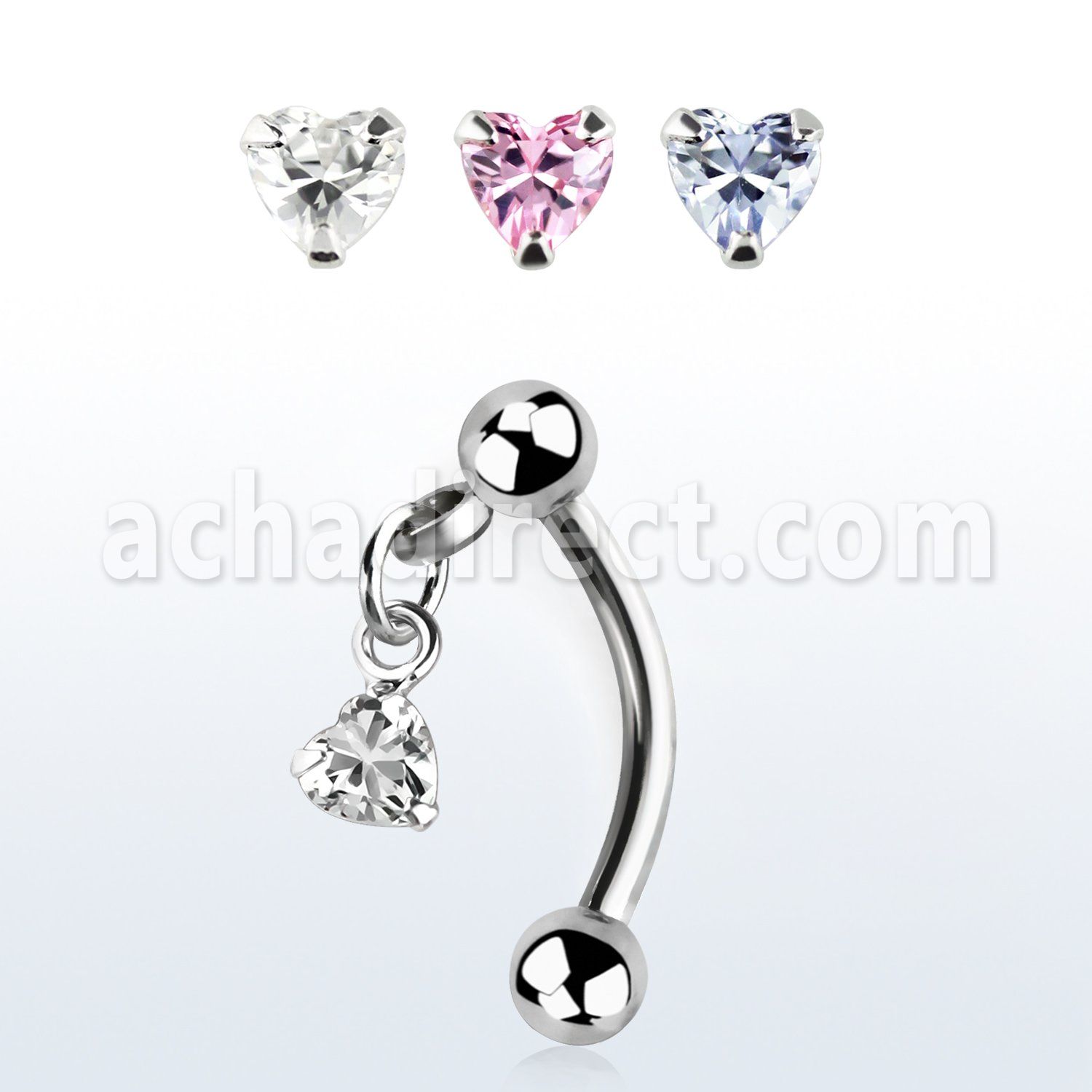 bnerv6 316l steel eyebrow banana w 3mm ball heart prong cz