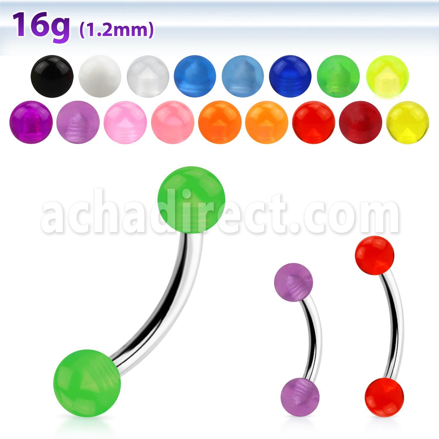 bneuvb 316l steel eyebrow banana with 3mm acrylic uv ball