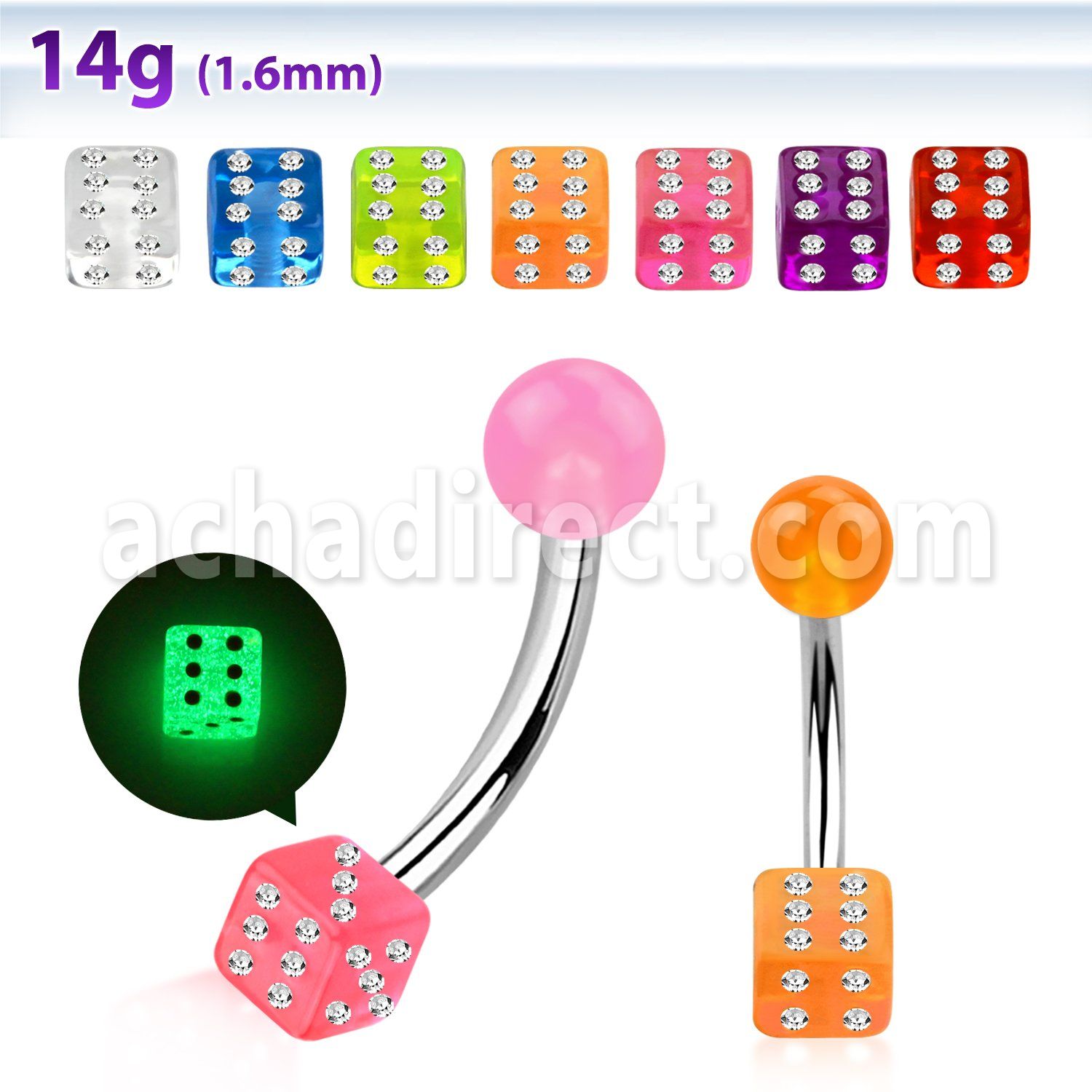 bngldic 316l steel belly banana w 5mm glow ball crystal dice