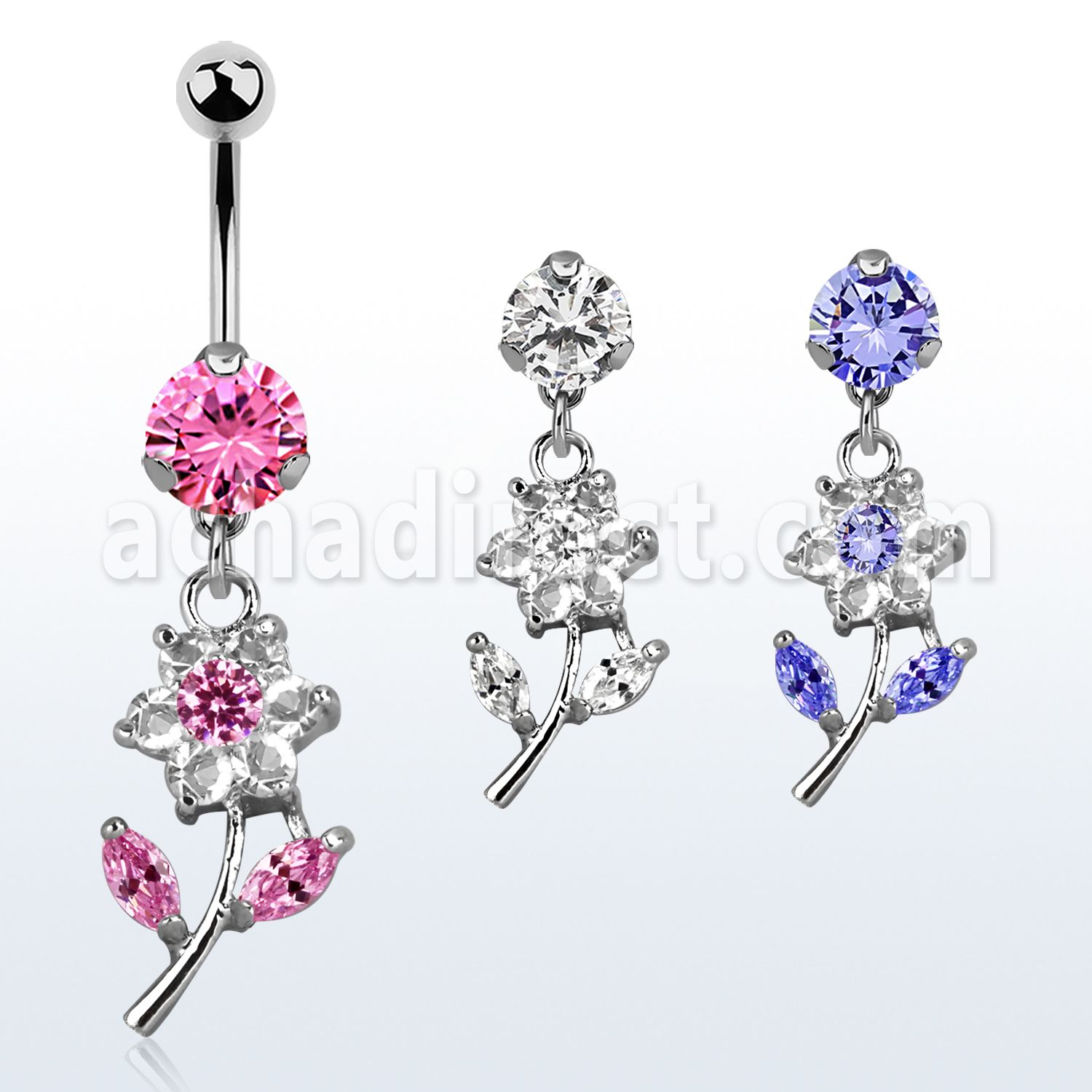 bnrz178 casted steel cz belly banana w cz studded flower design