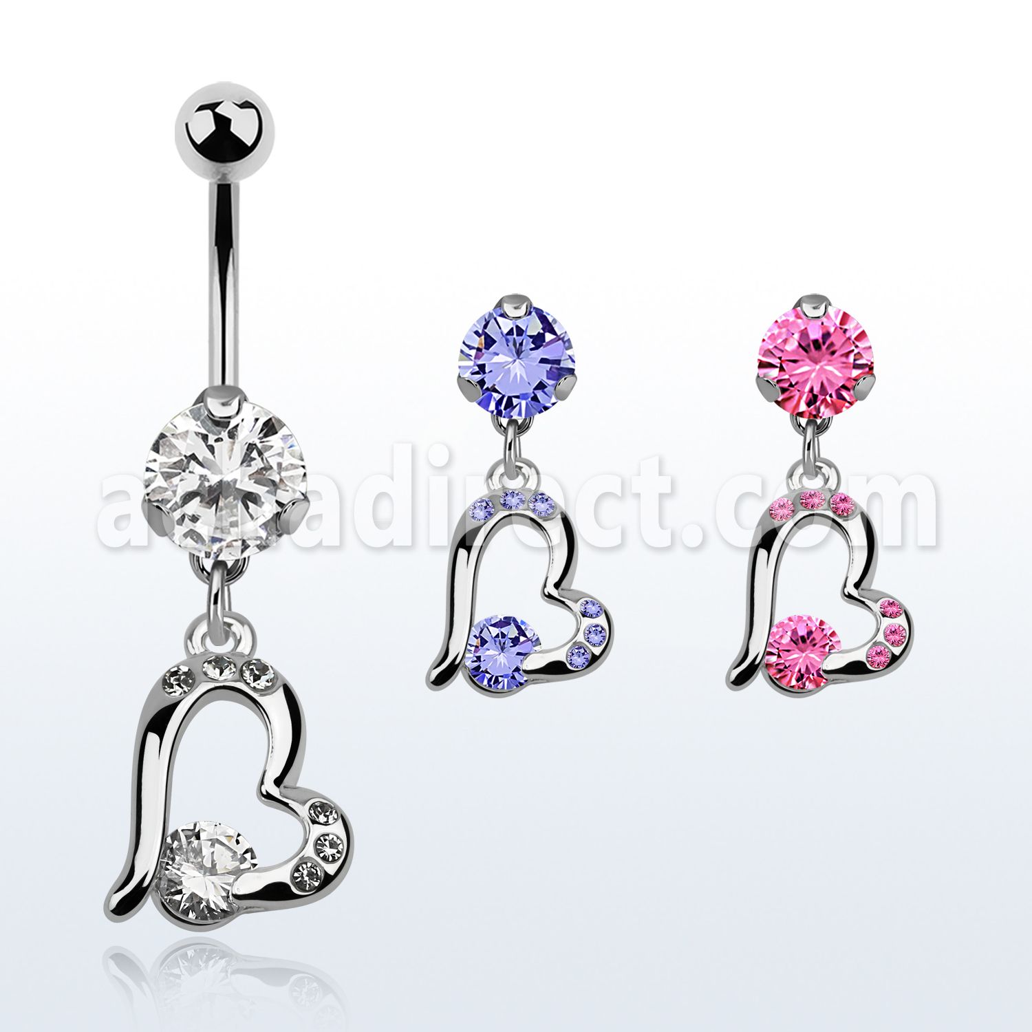 bnrz362 casted steel cz belly banana w heart w a prong set cz