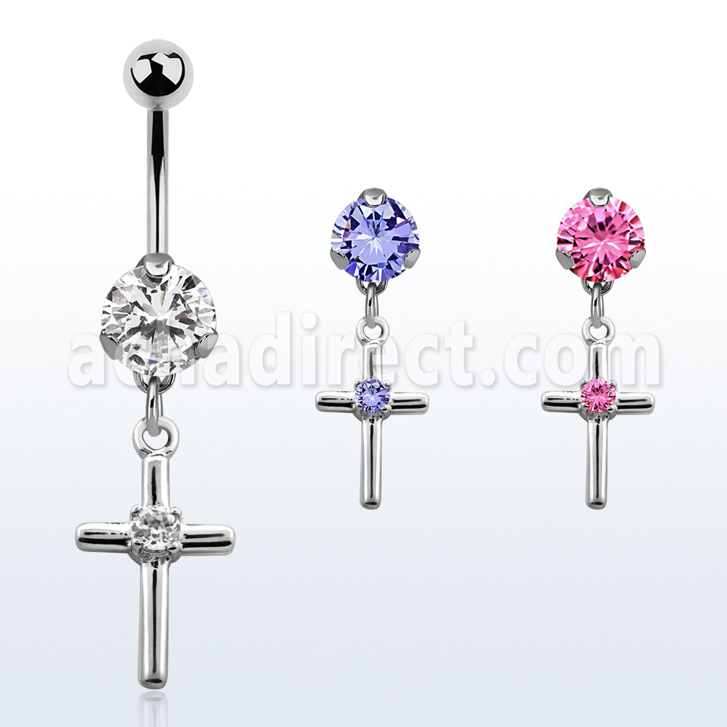 bnrz394 casted steel cz belly banana w cross w round cz