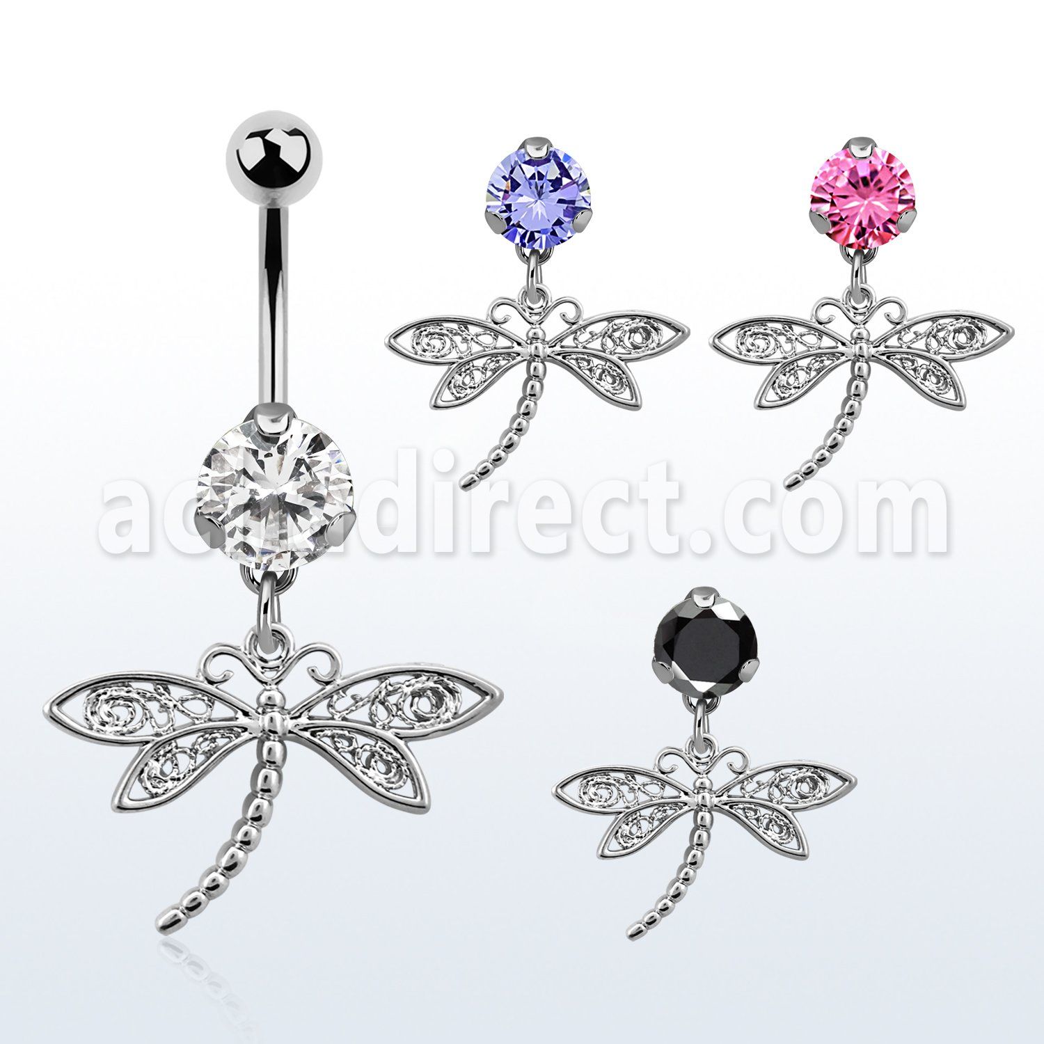 bnrz566 casted steel cz belly banana w dangling dragonfly