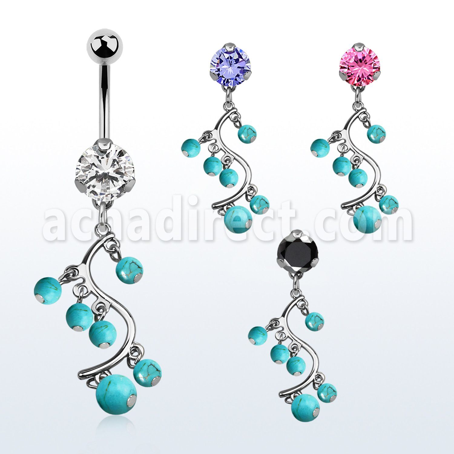 bnrz695 casted steel cz belly banana w vine faux turquoise balls