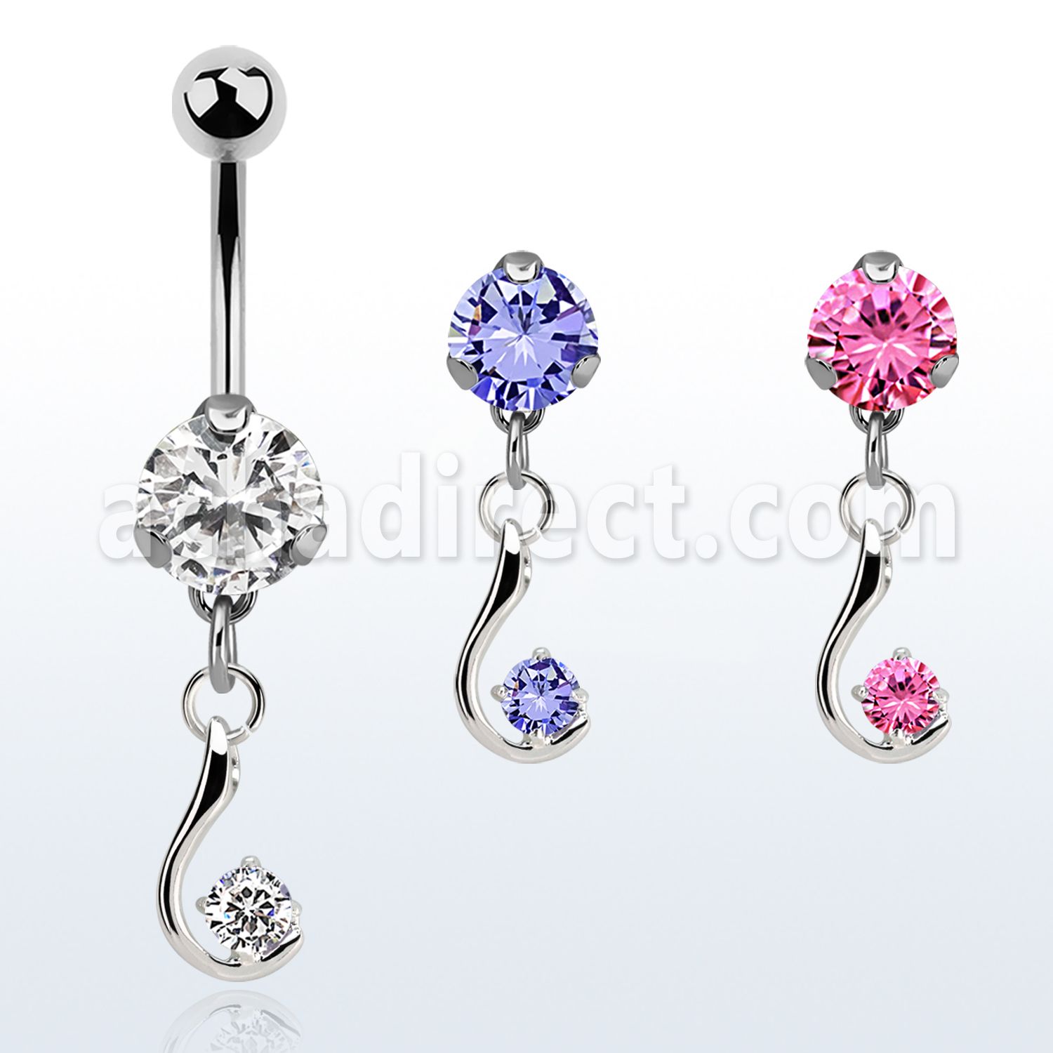 bnrz730z casted steel cz belly banana w dangling single cz 