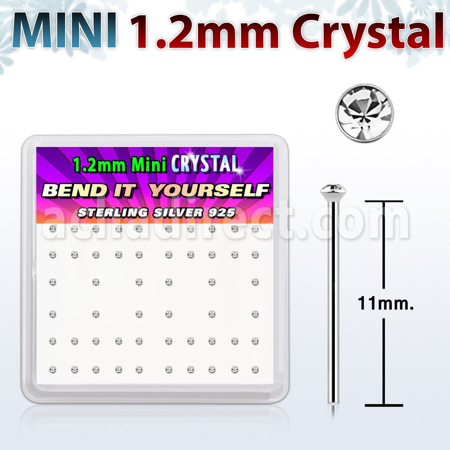 box silver bend it nose studs w 1.2mm clear crystals