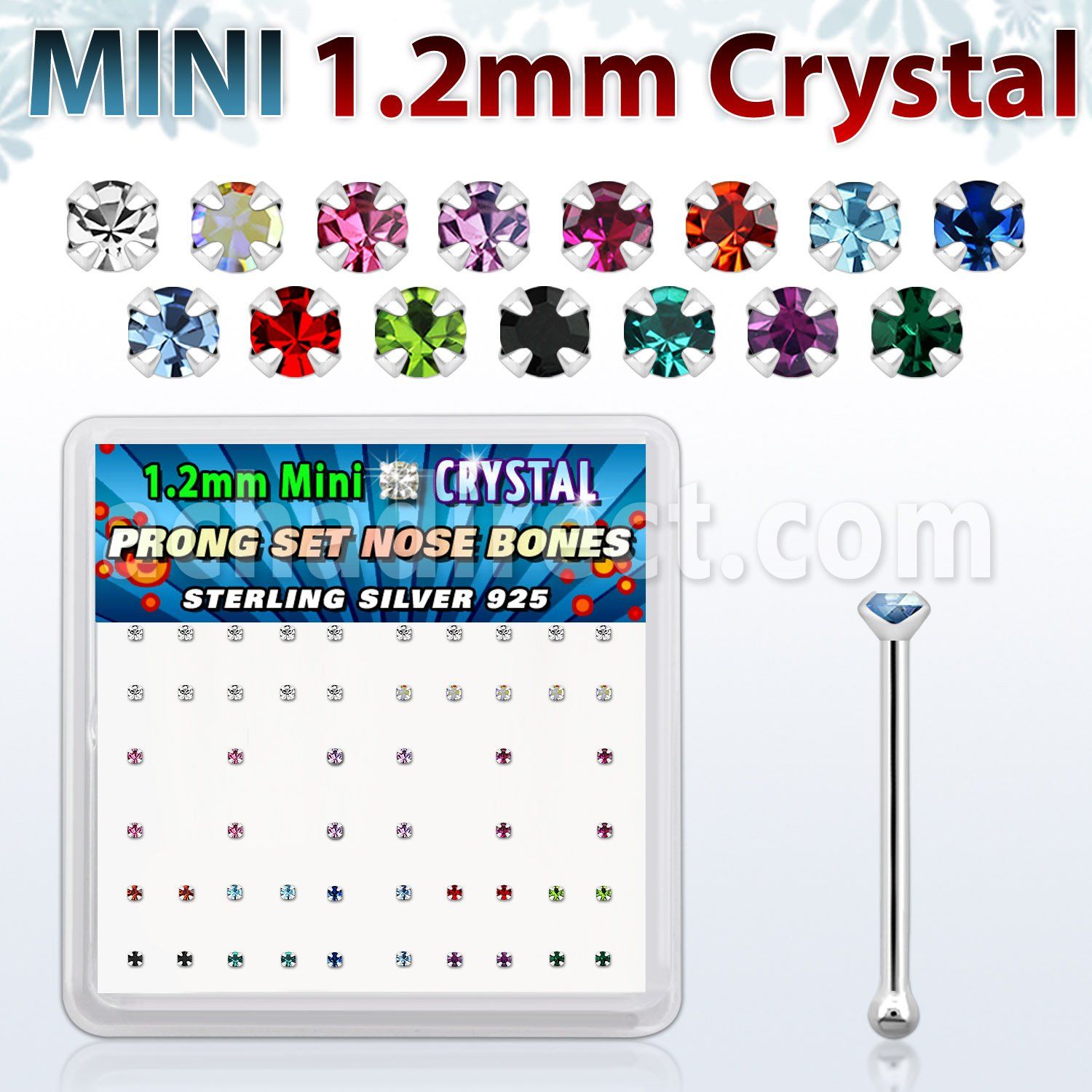 box silver nose bones w 1.2mm prong set color crystals