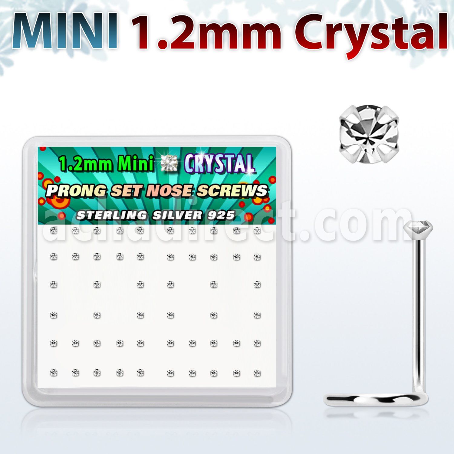 box silver nose scews w 1.2mm clear prong set crystals