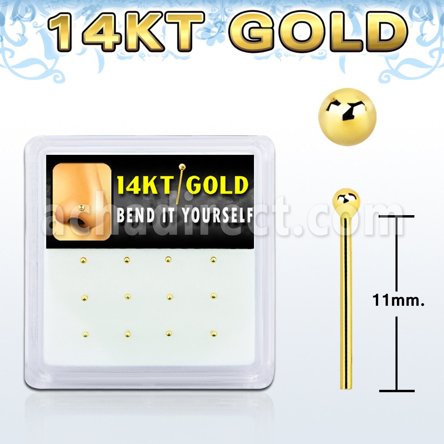 box w 12 14kt gold bend it nose studs w 1.5mm ball tops