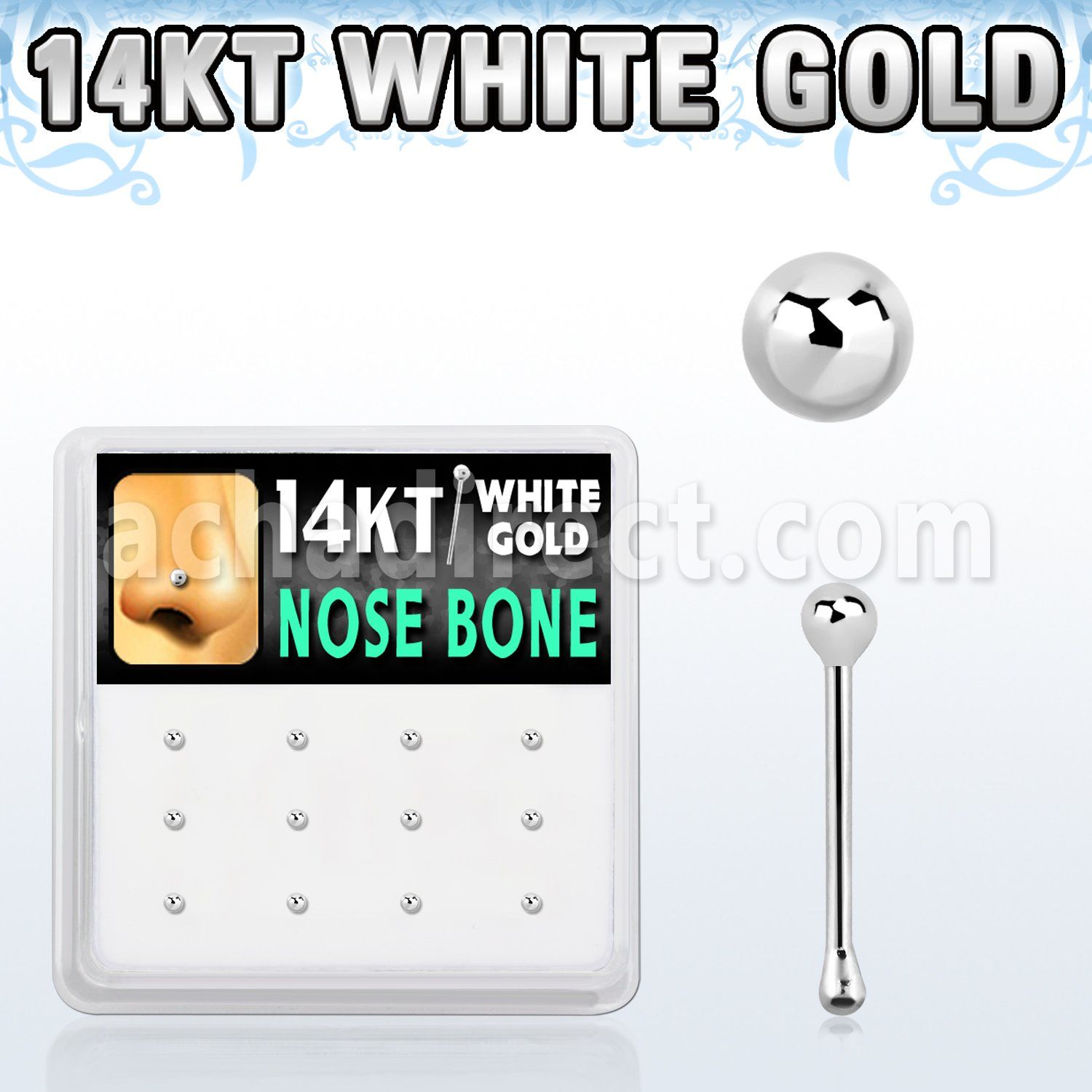 box w 12 white gold nose bones w 1.5mm ball tops