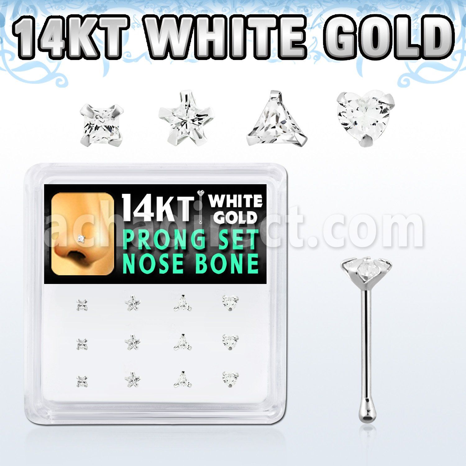 box w 12 white gold nose bones w mix shaped prong set cz